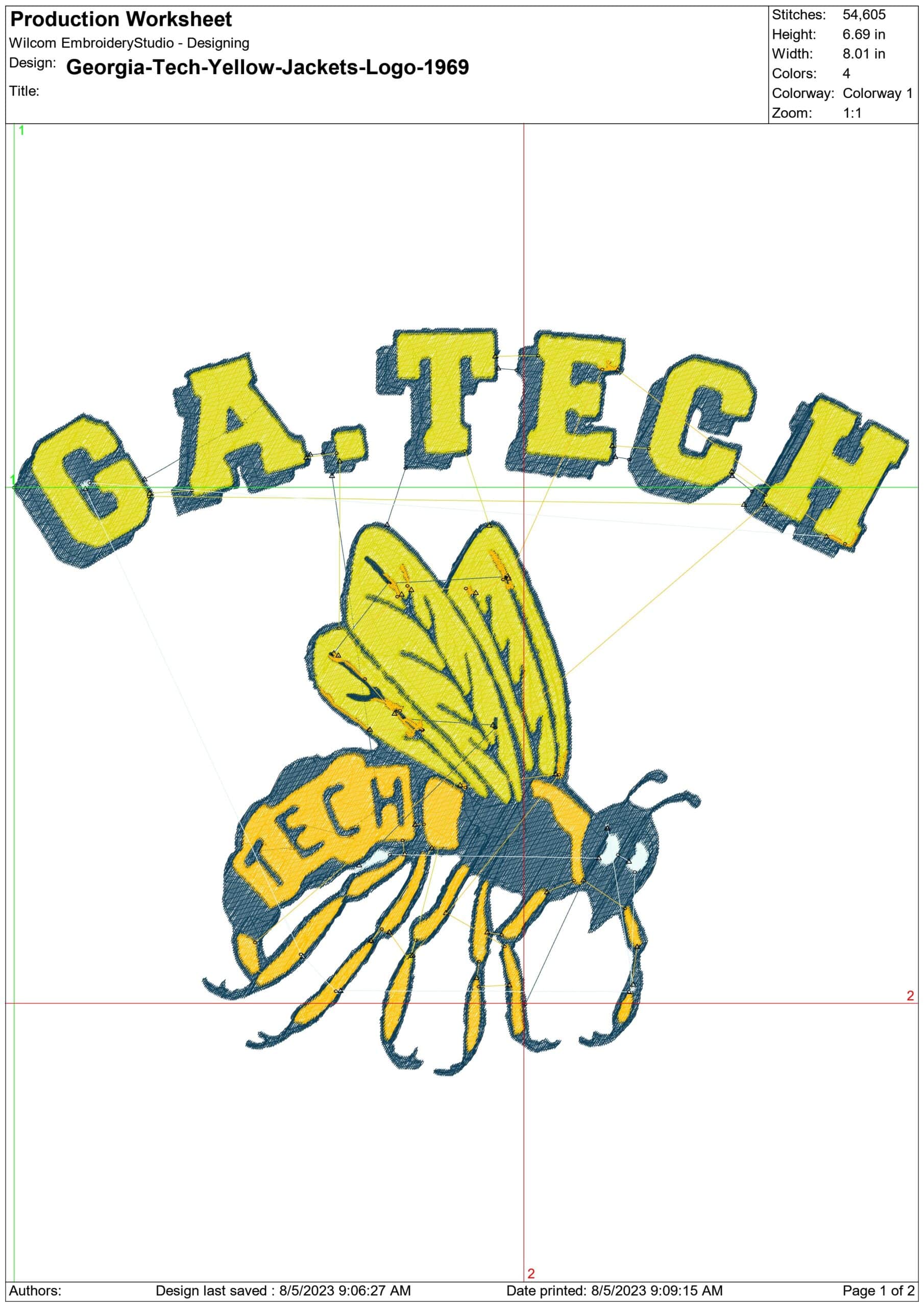 Georgia Tech Yellow Jacket 1969 embroidery design - Cartoon Yellow Jacket embroidery machine pattern G T embroidery file - instant download in a frame — view 3