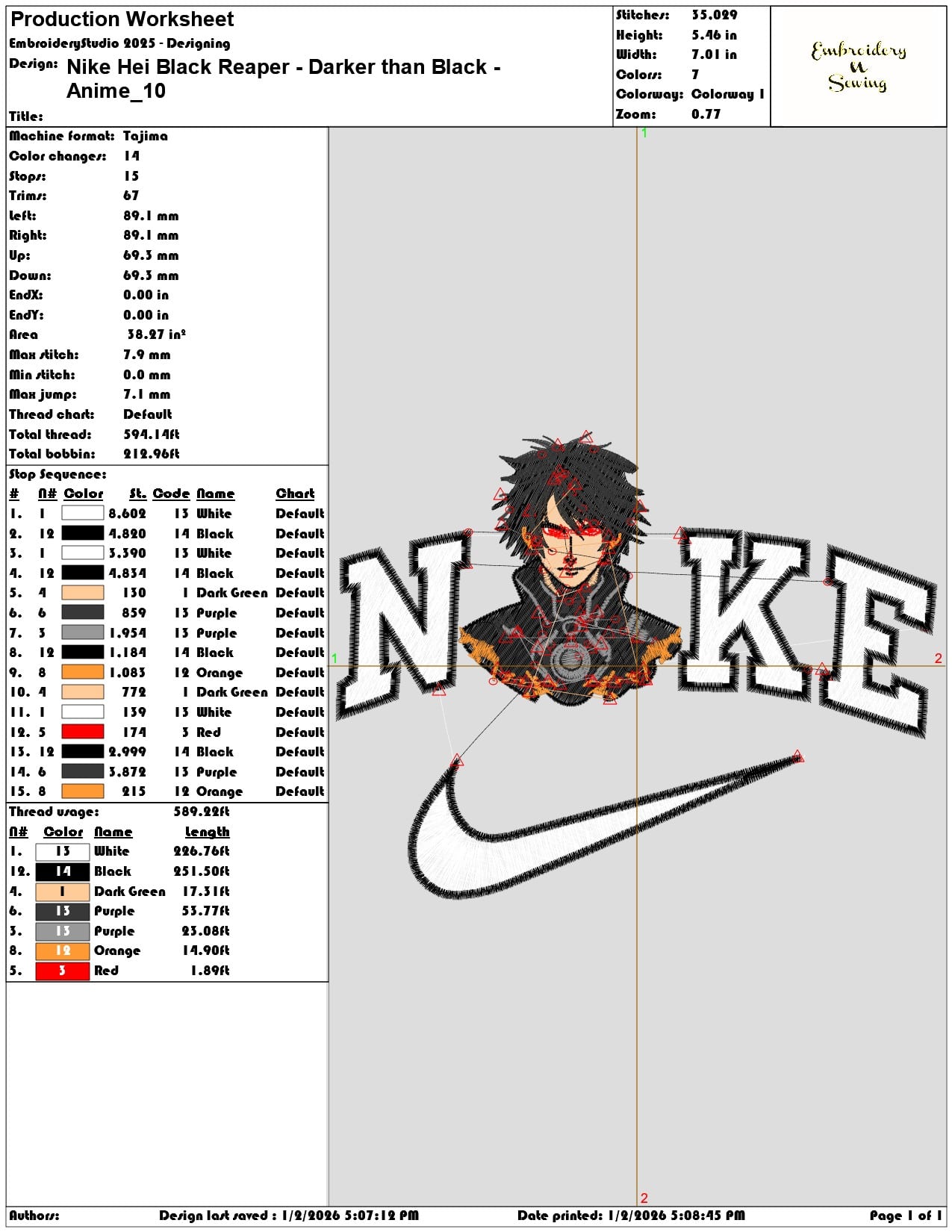 Nike Hei Black Reaper Darker than Black Anime - Elegant embroidery design file - instant download — view 3