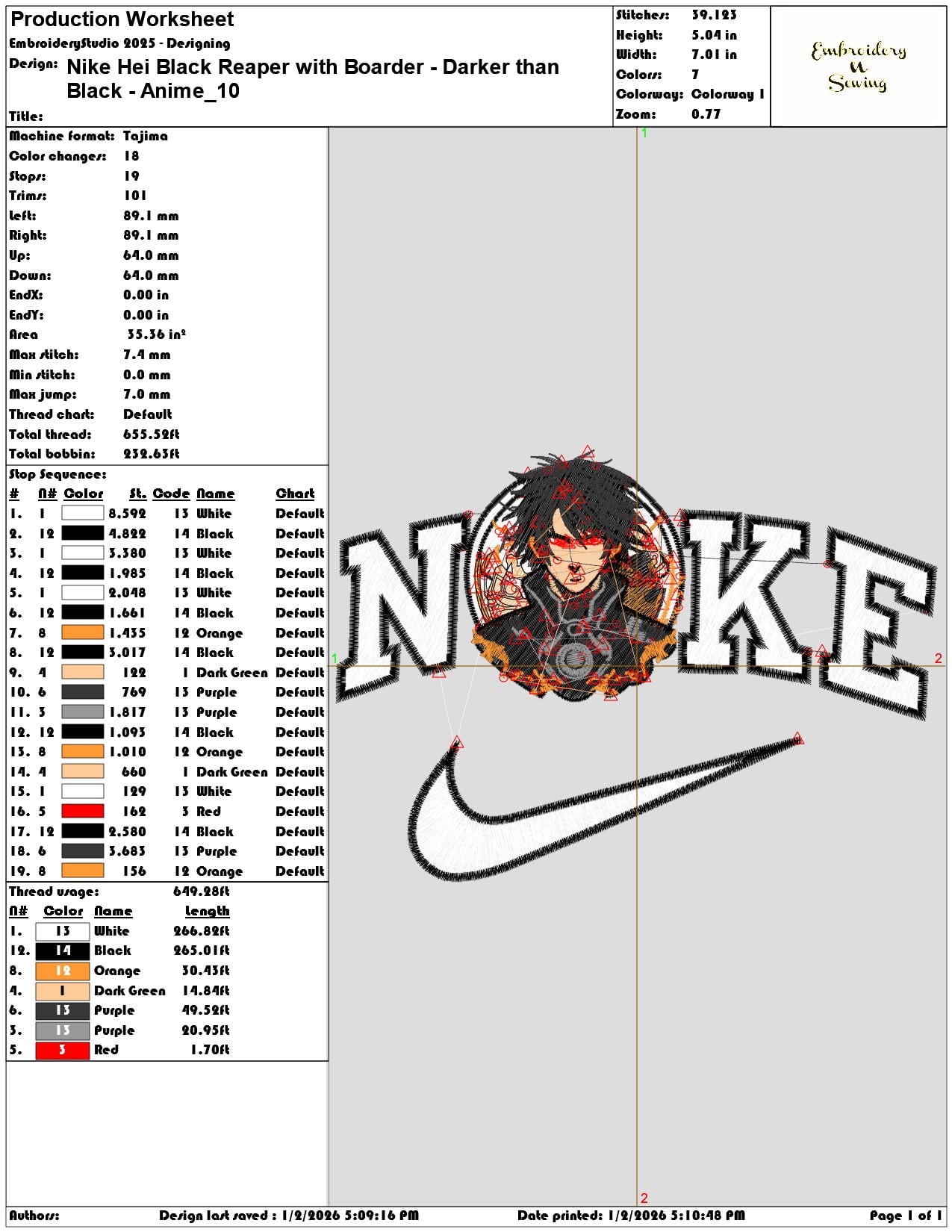 Nike Hei Black Reaper with Boarder Darker than Black Anime - Elegant embroidery design file - instant download — view 3