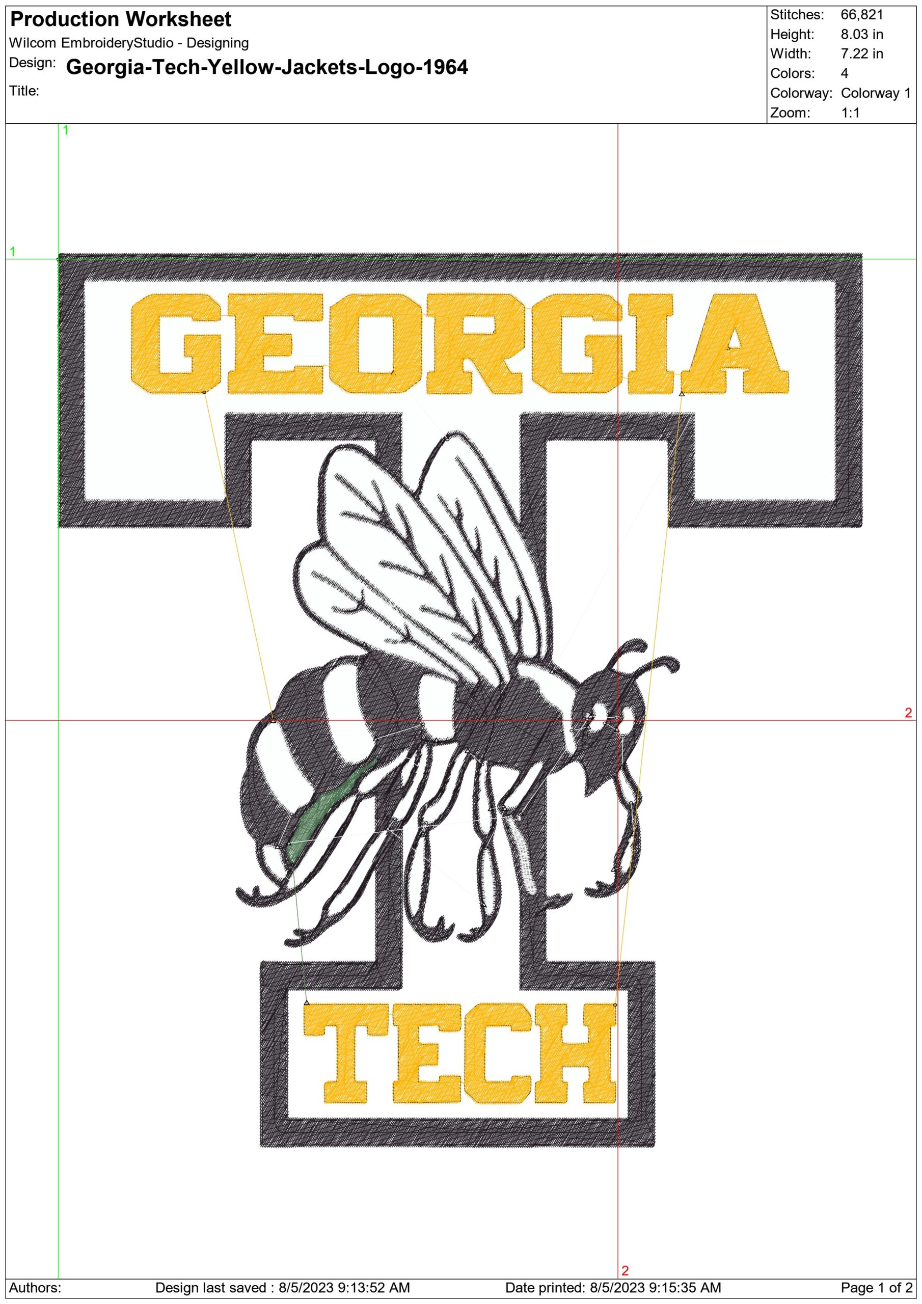 Georgia Tech Yellow Jacket 1964 embroidery design - Cartoon Yellow Jacket embroidery machine pattern G T embroidery file - instant download in a frame — view 3