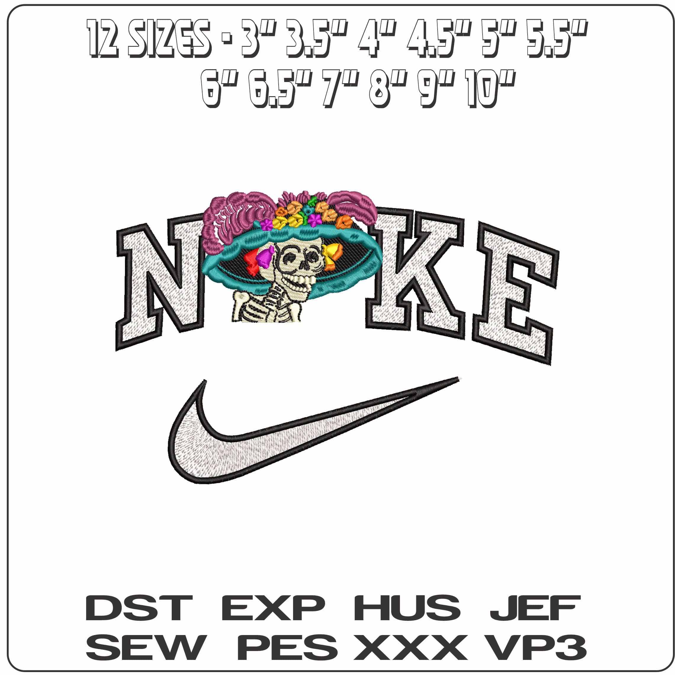 Nike La Catrina Sugar Skull - Elegant embroidery design file - instant download — view 2