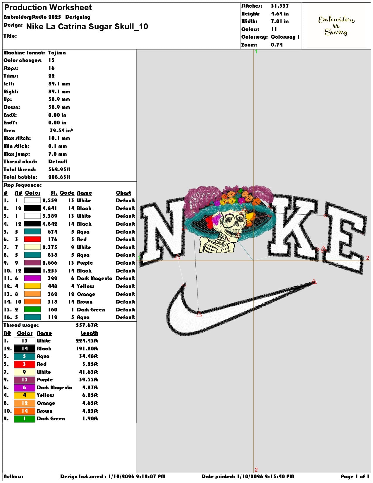 Nike La Catrina Sugar Skull - Elegant embroidery design file - instant download — view 3