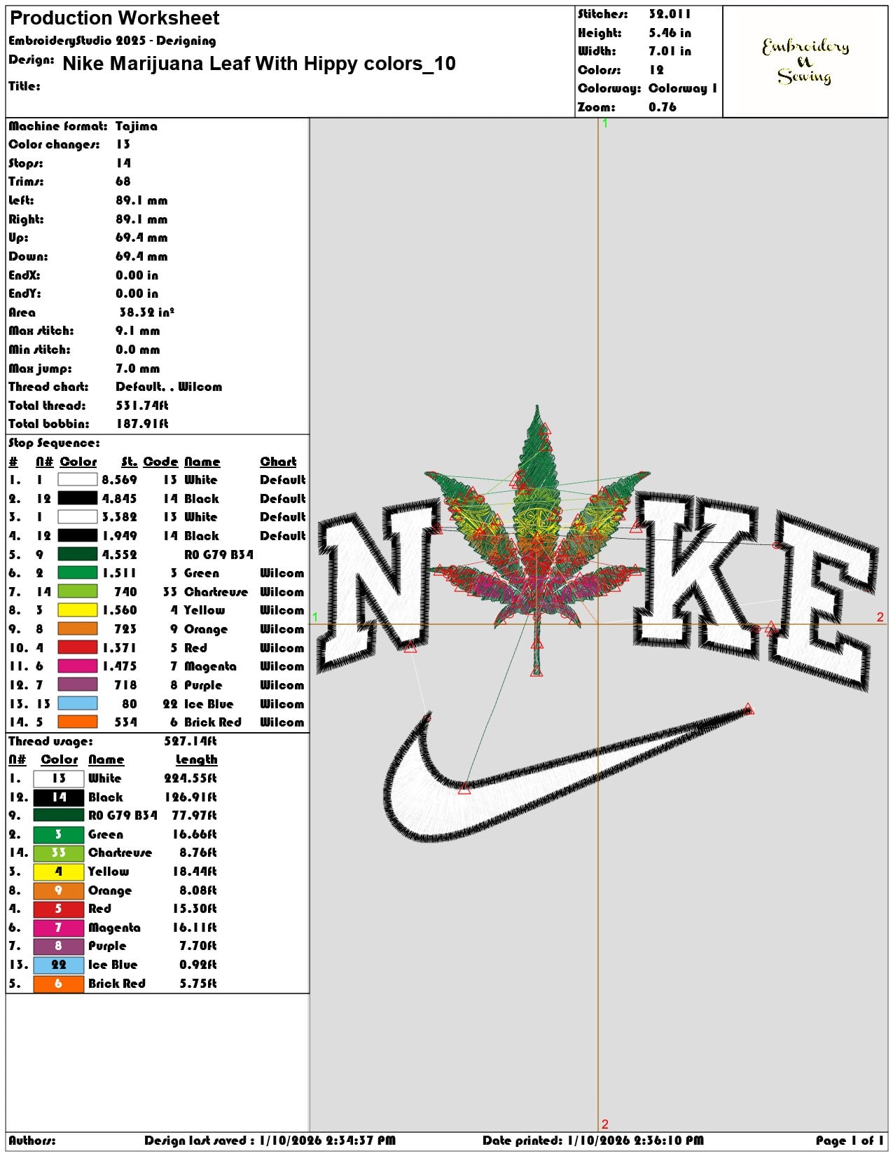 Nike Marijuana Leaf With Hippy colors - Elegant embroidery design file - instant download — view 3