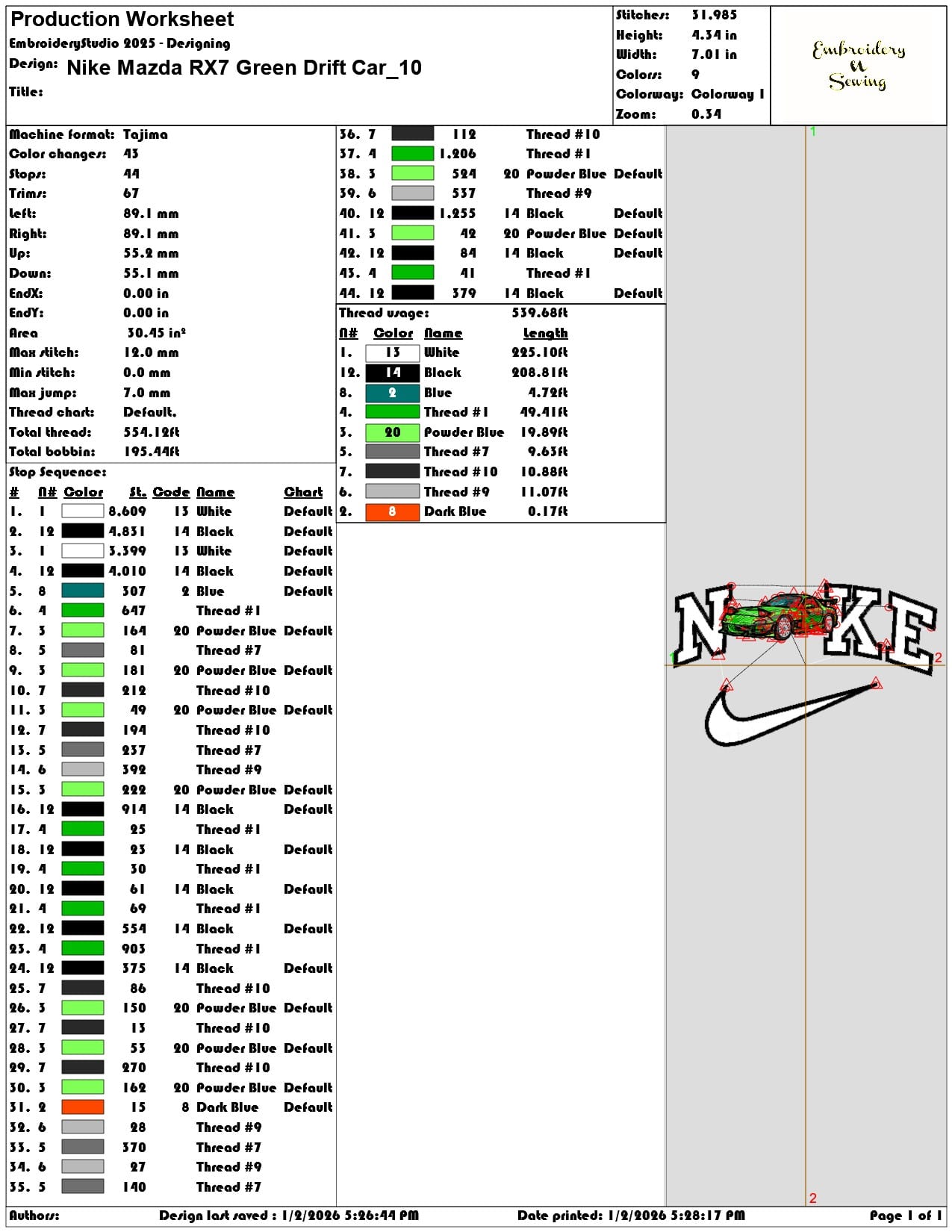 Nike Mazda RX7 Green Drift Car- Elegant embroidery design file - instant download — view 3