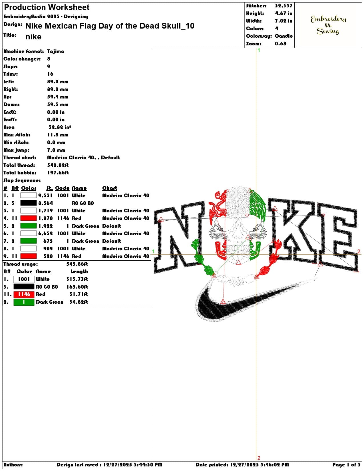 Nike Mexican Flag Day of the Dead Skull- Elegant embroidery design file - instant download — view 3