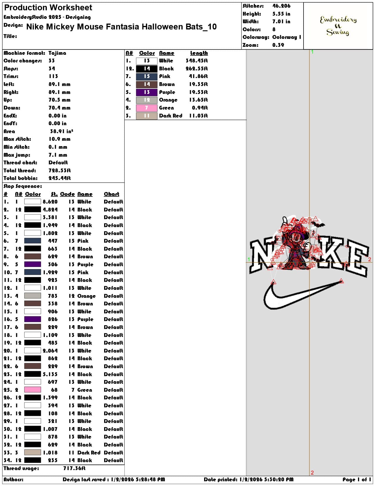 Nike Mickey Mouse Fantasia Halloween Bats - Elegant embroidery design file - instant download — view 3