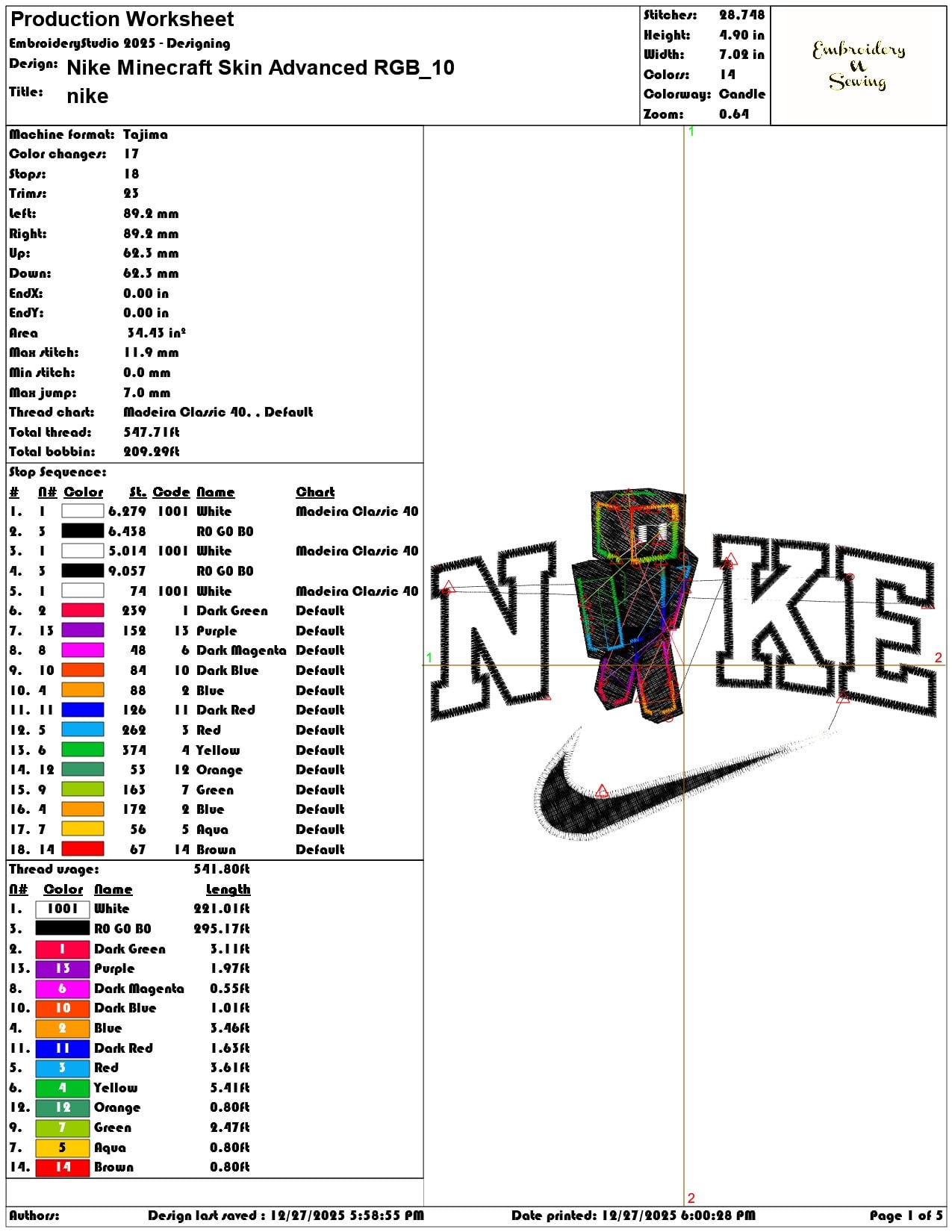 Nike Minecraft Skin Advanced RGB - Elegant embroidery design file - instant download — view 3