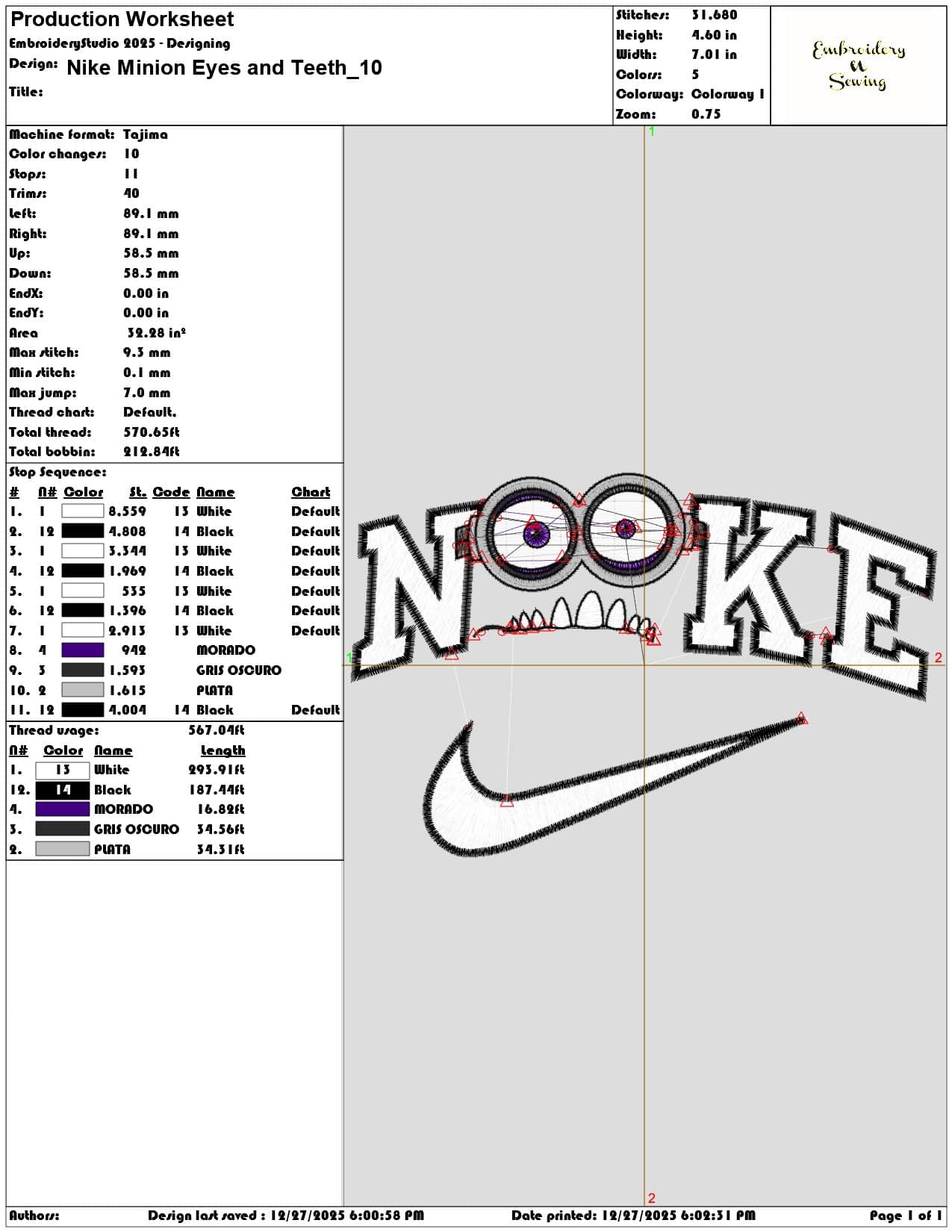 Nike Minion Eyes and Teeth - Elegant embroidery design file - instant download — view 3