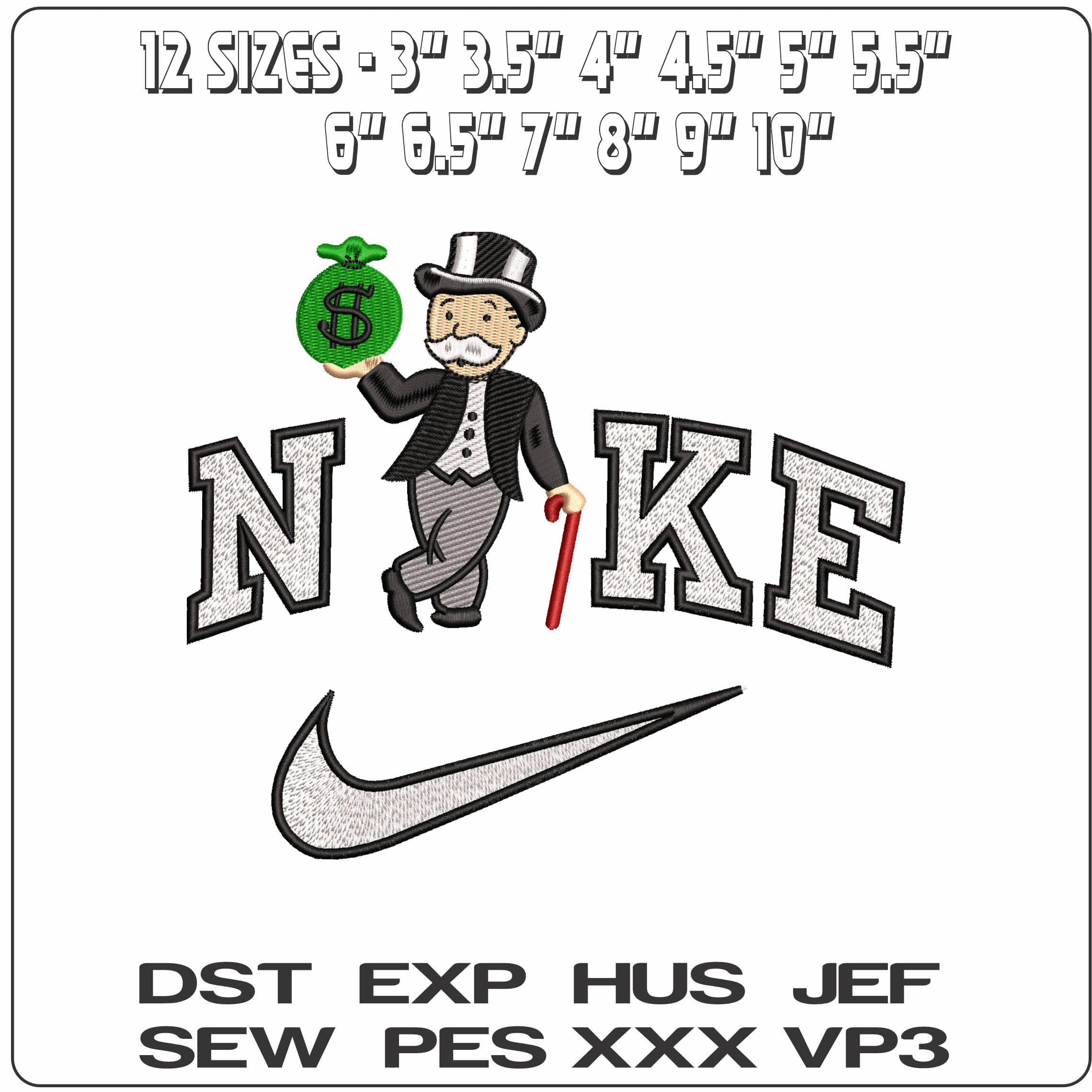 Nike Mr Monopoly with Cash Bag - Elegant embroidery design file - instant download — view 2