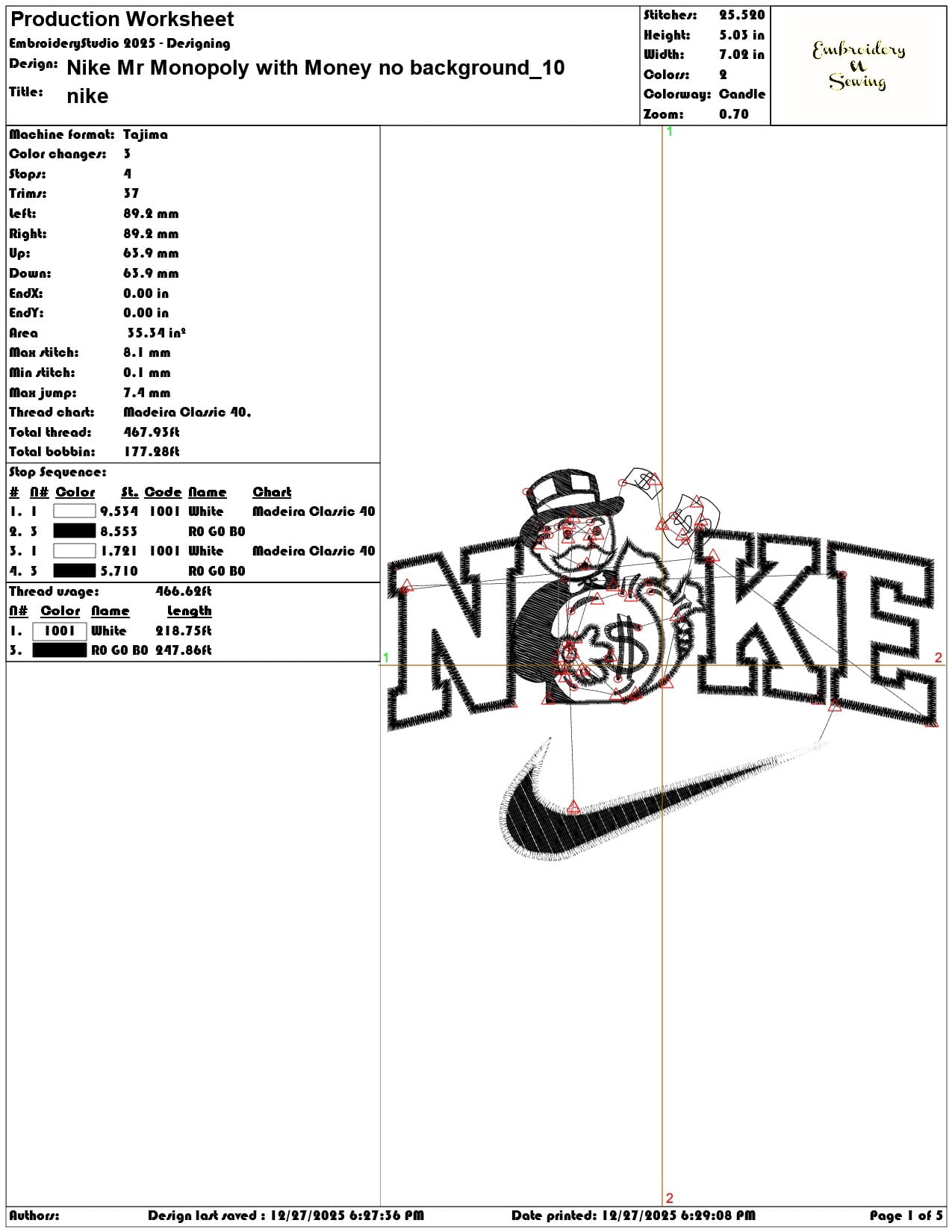 Nike Mr Monopoly with Money no background - Elegant embroidery design file - instant download — view 3