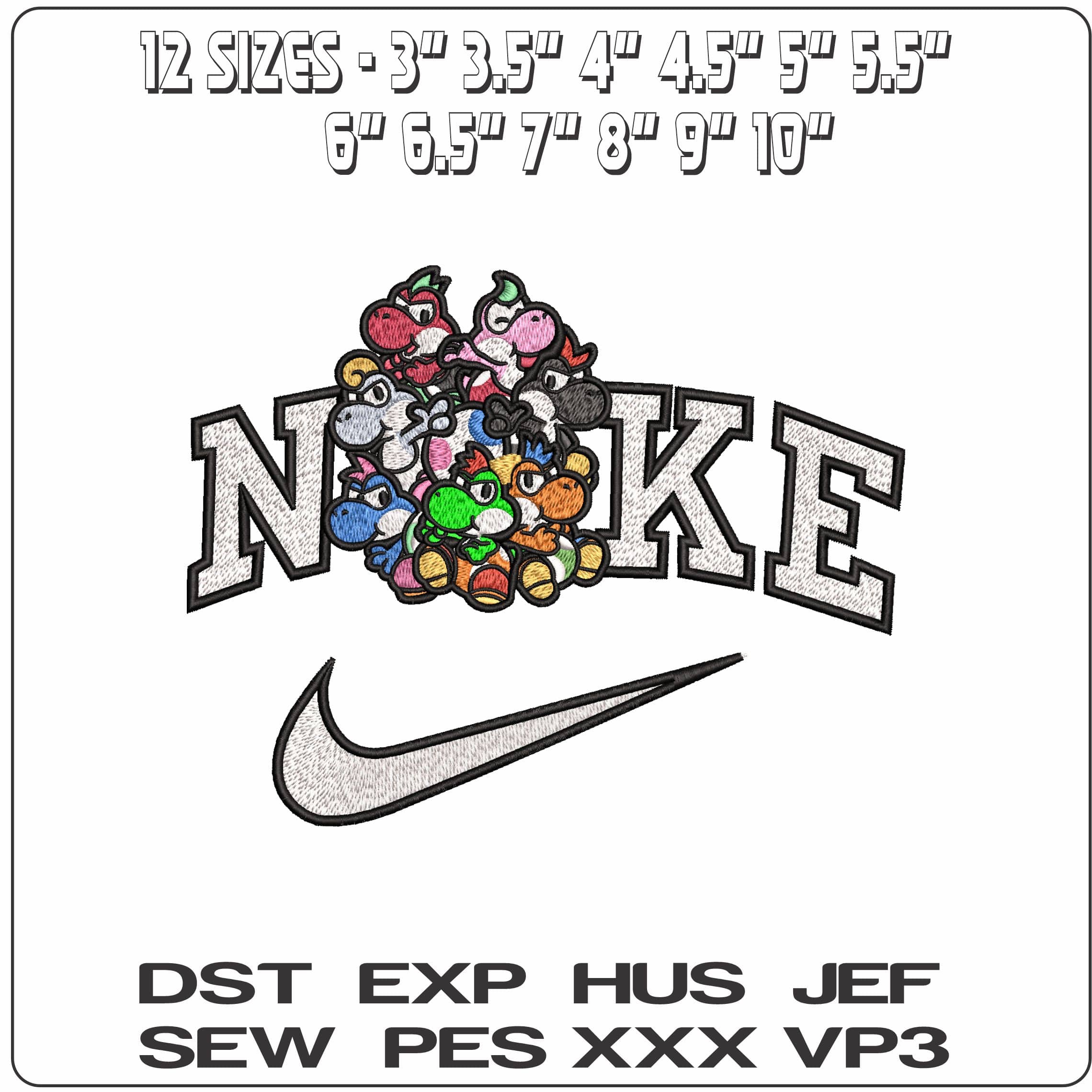 Nike Multiple Yoshis Super Mario Bros - Elegant embroidery design file - instant download — view 2