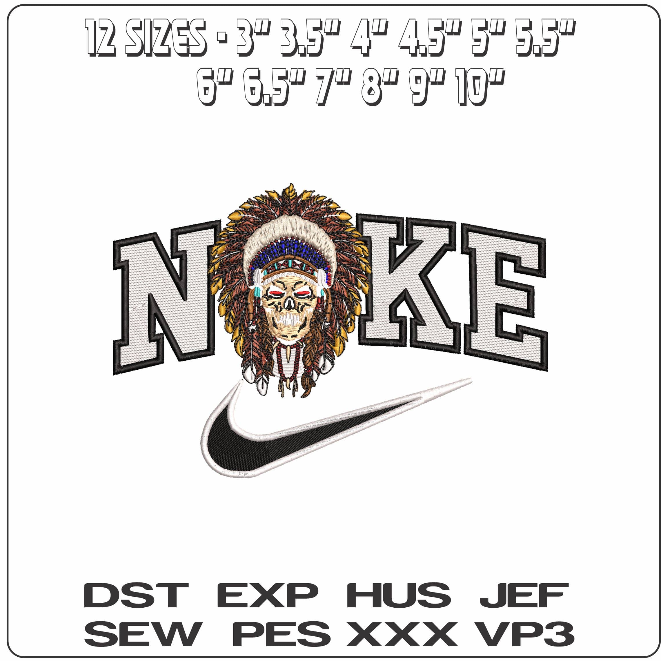 Nike Native Indian Skull with Headdress - Elegant embroidery design file - instant download — view 2
