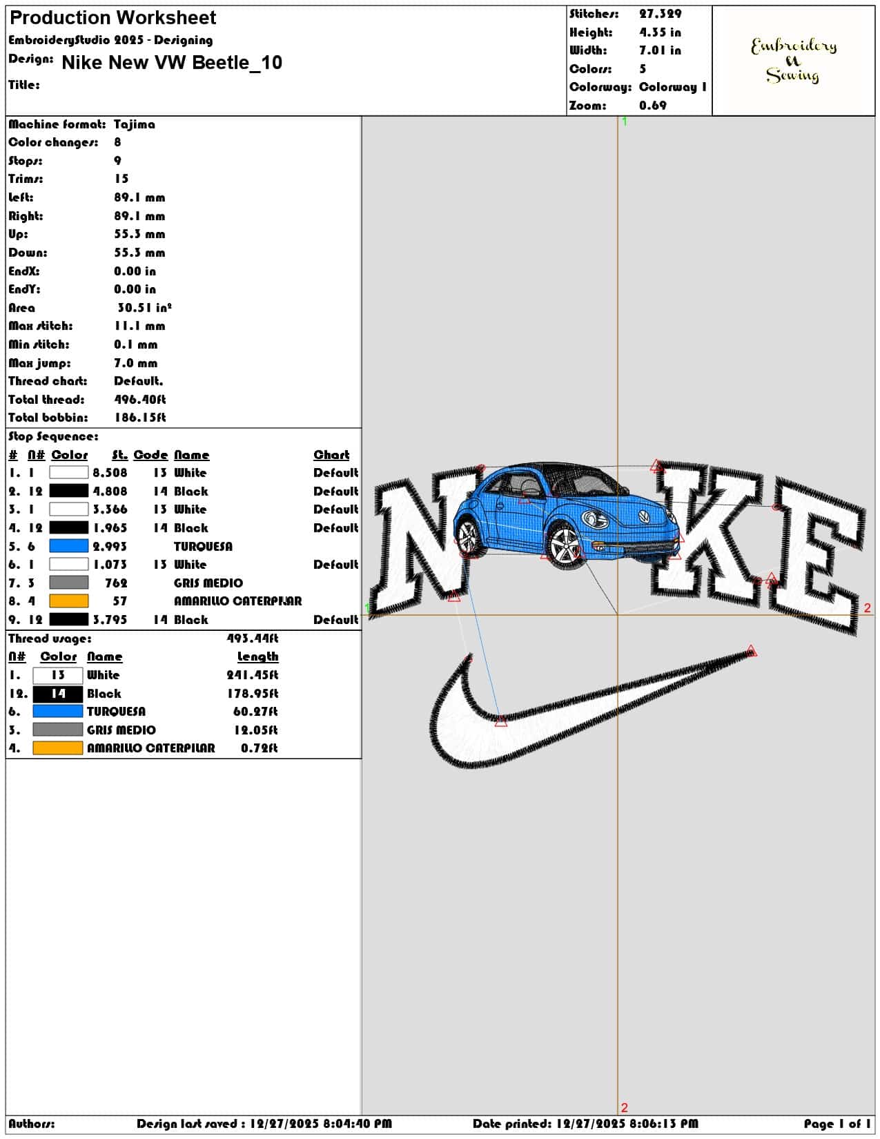 Nike New VW Beetle - Elegant embroidery design file - instant download — view 3