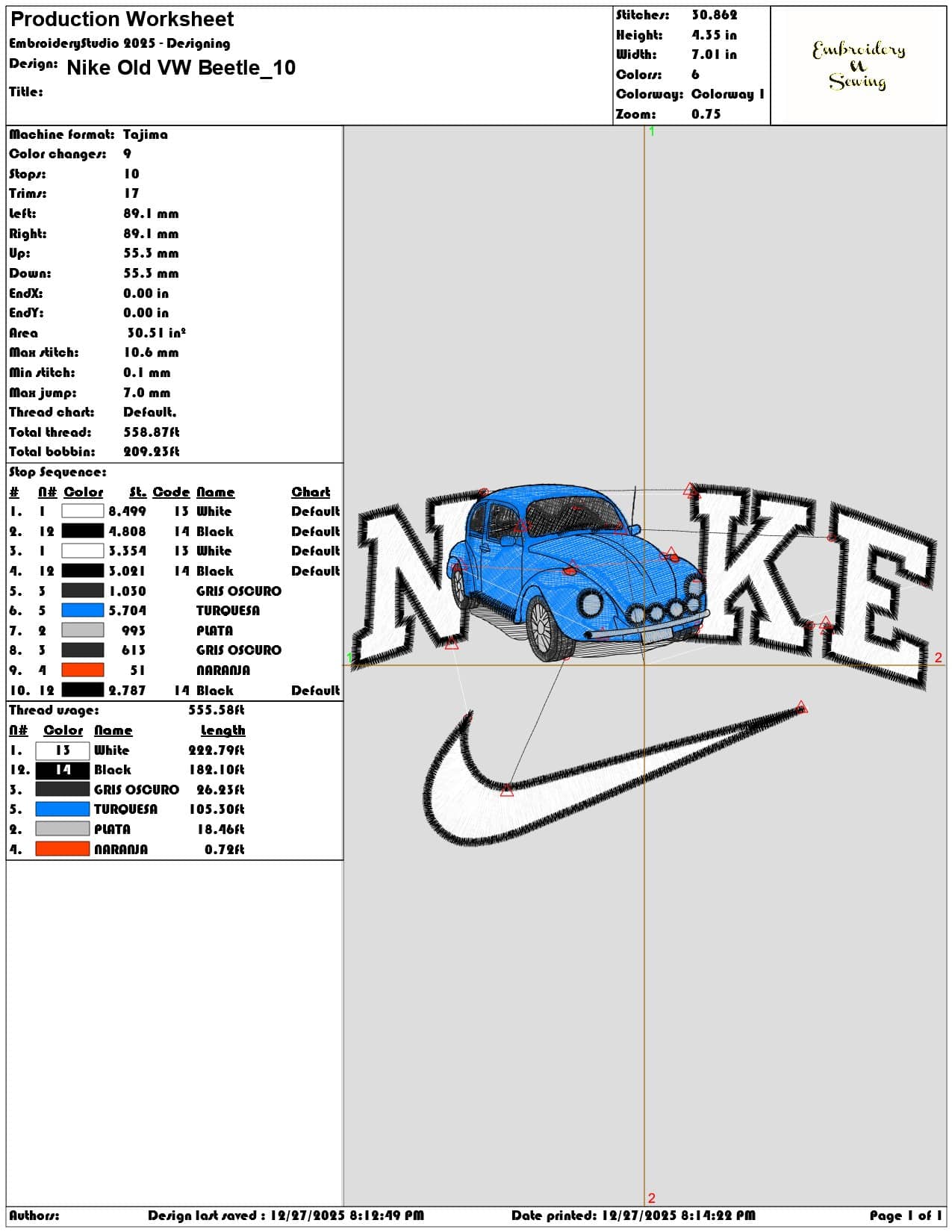 Nike Old VW Beetle - Elegant embroidery design file - instant download — view 3