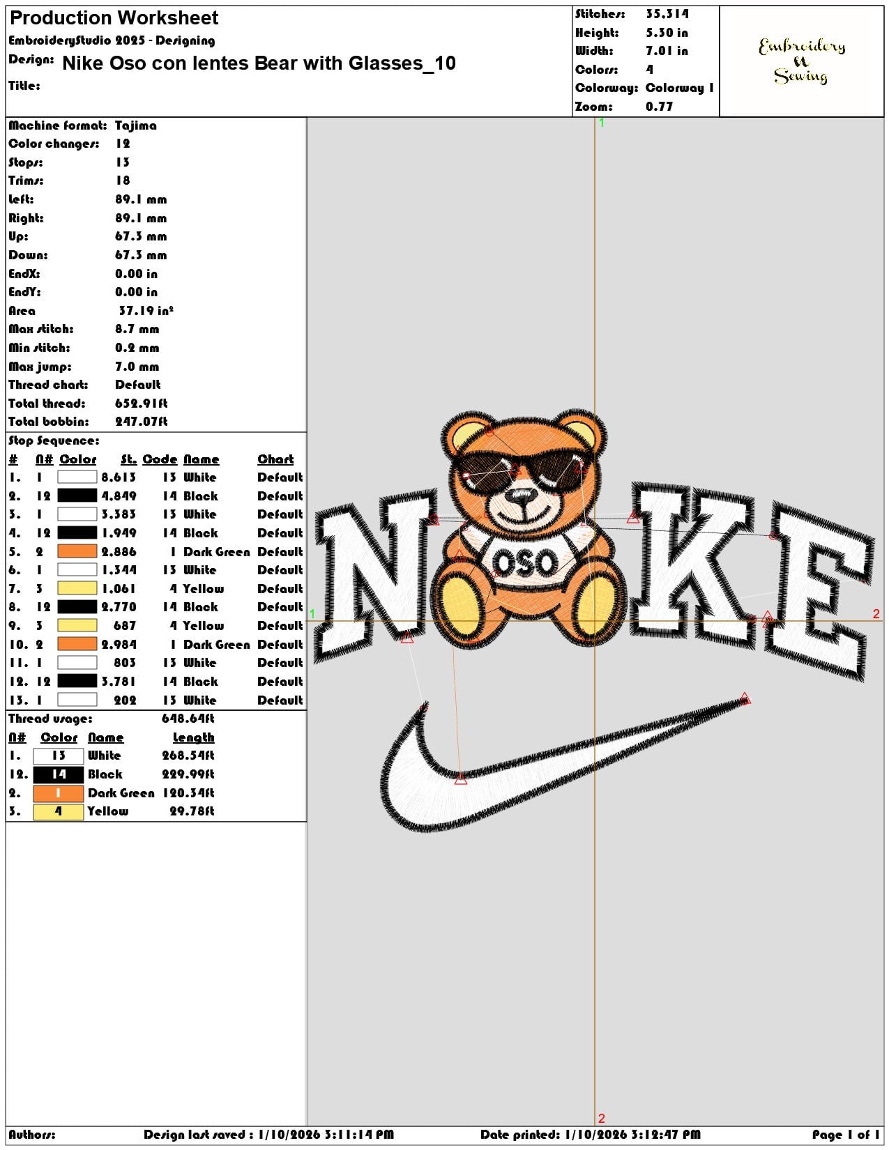 Nike Oso con lentes Bear with Glasses - Elegant embroidery design file - instant download — view 3