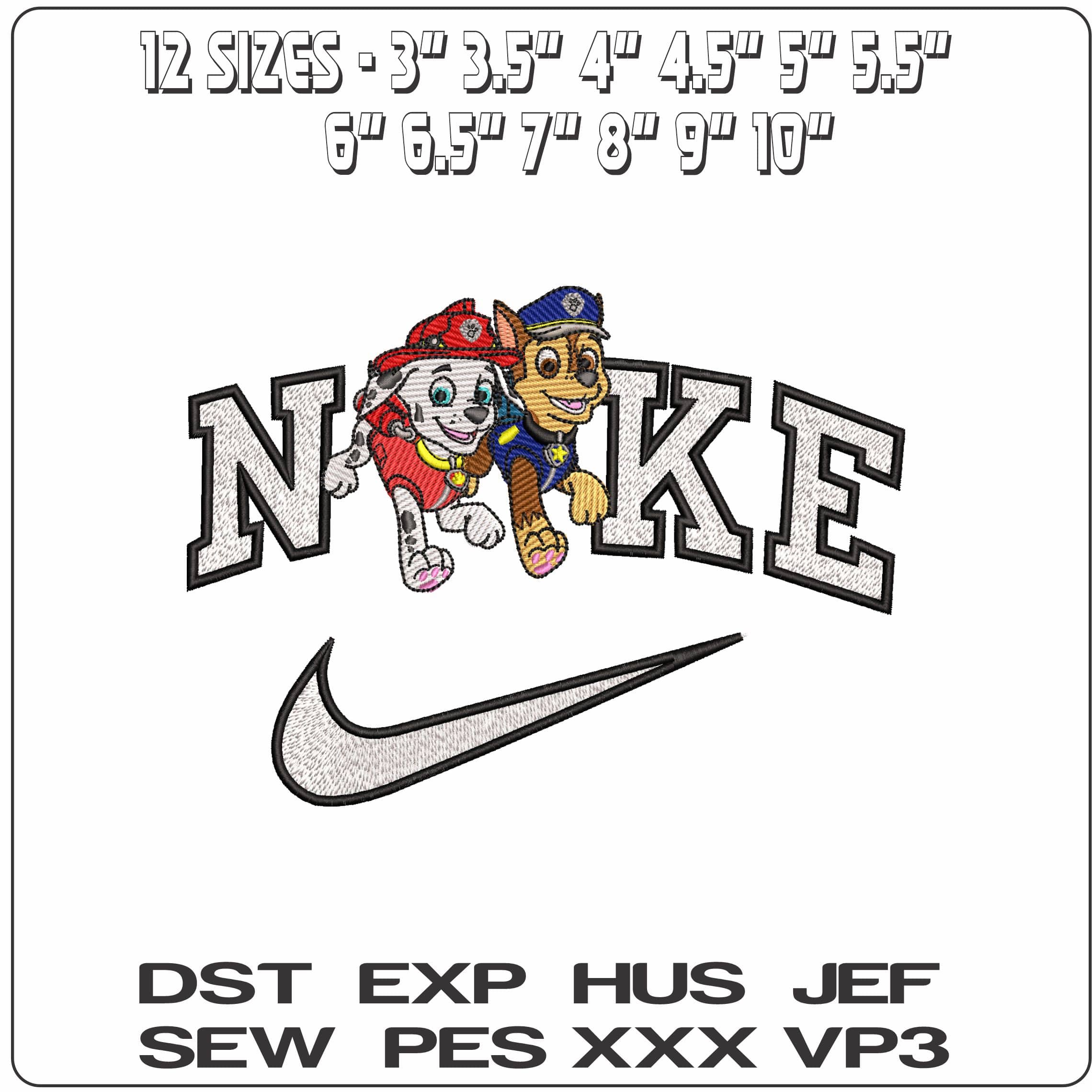 Nike Paw Marshall and Chase Paw Patrol - Elegant embroidery design file - instant download — view 2