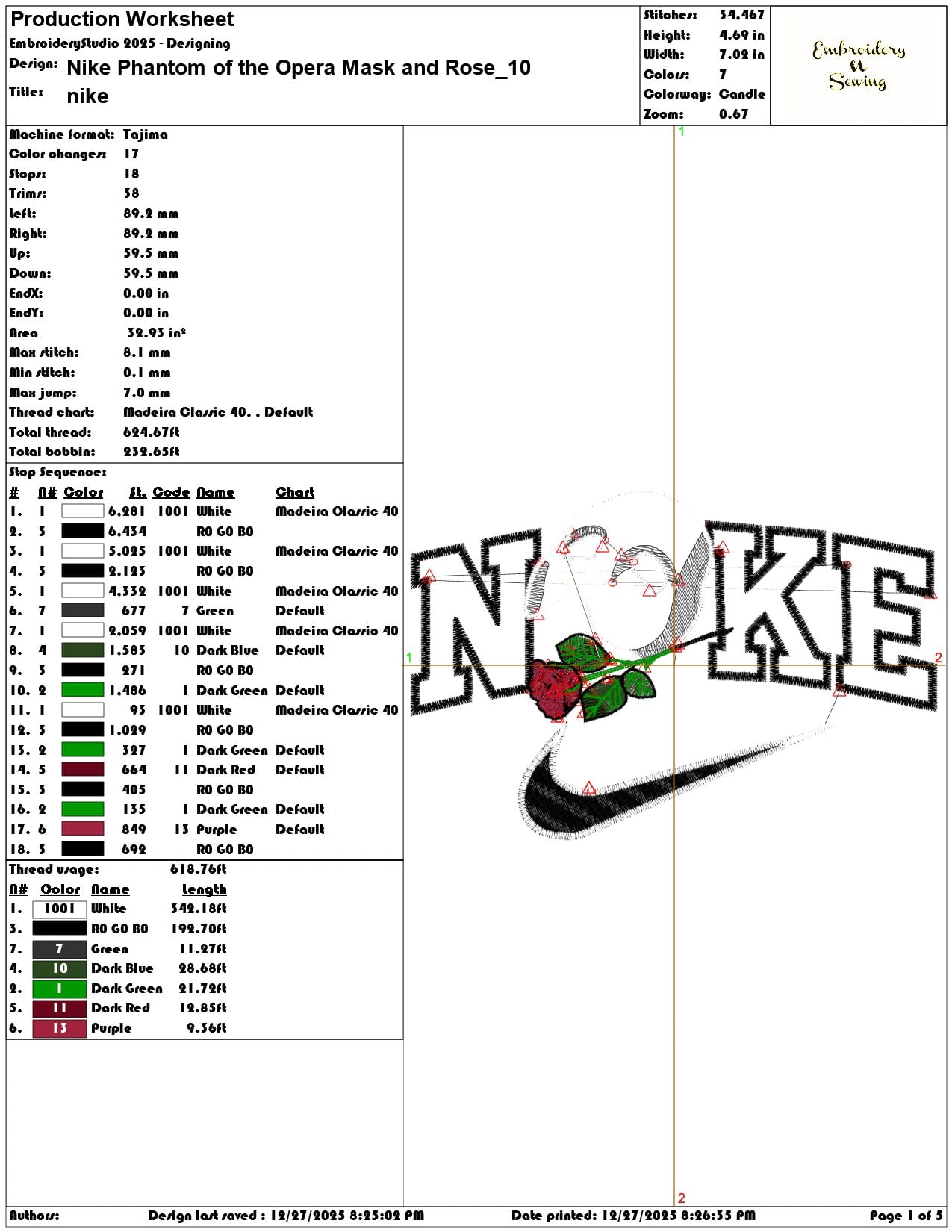 Nike Phantom of the Opera Mask and Rose - Elegant embroidery design file - instant download — view 3