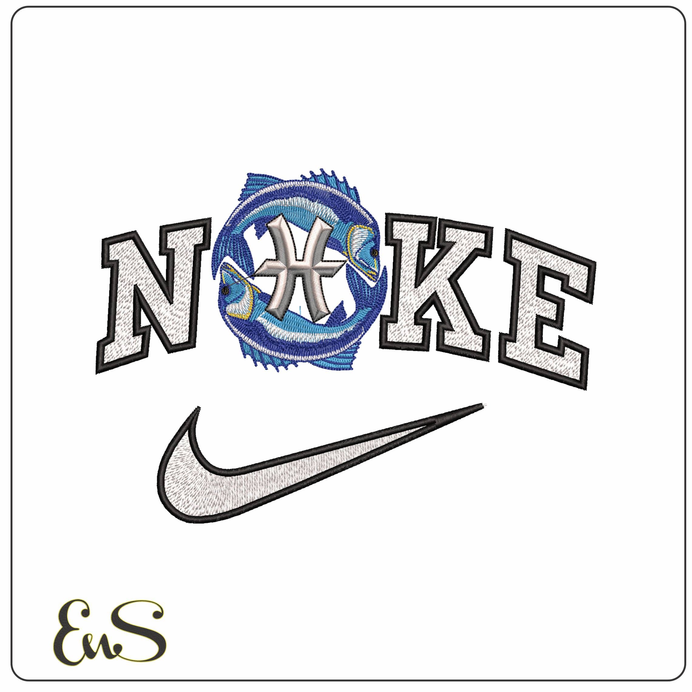 Nike Pieces 2 Fish and Symbol Zodiac - Elegant embroidery design file - instant download