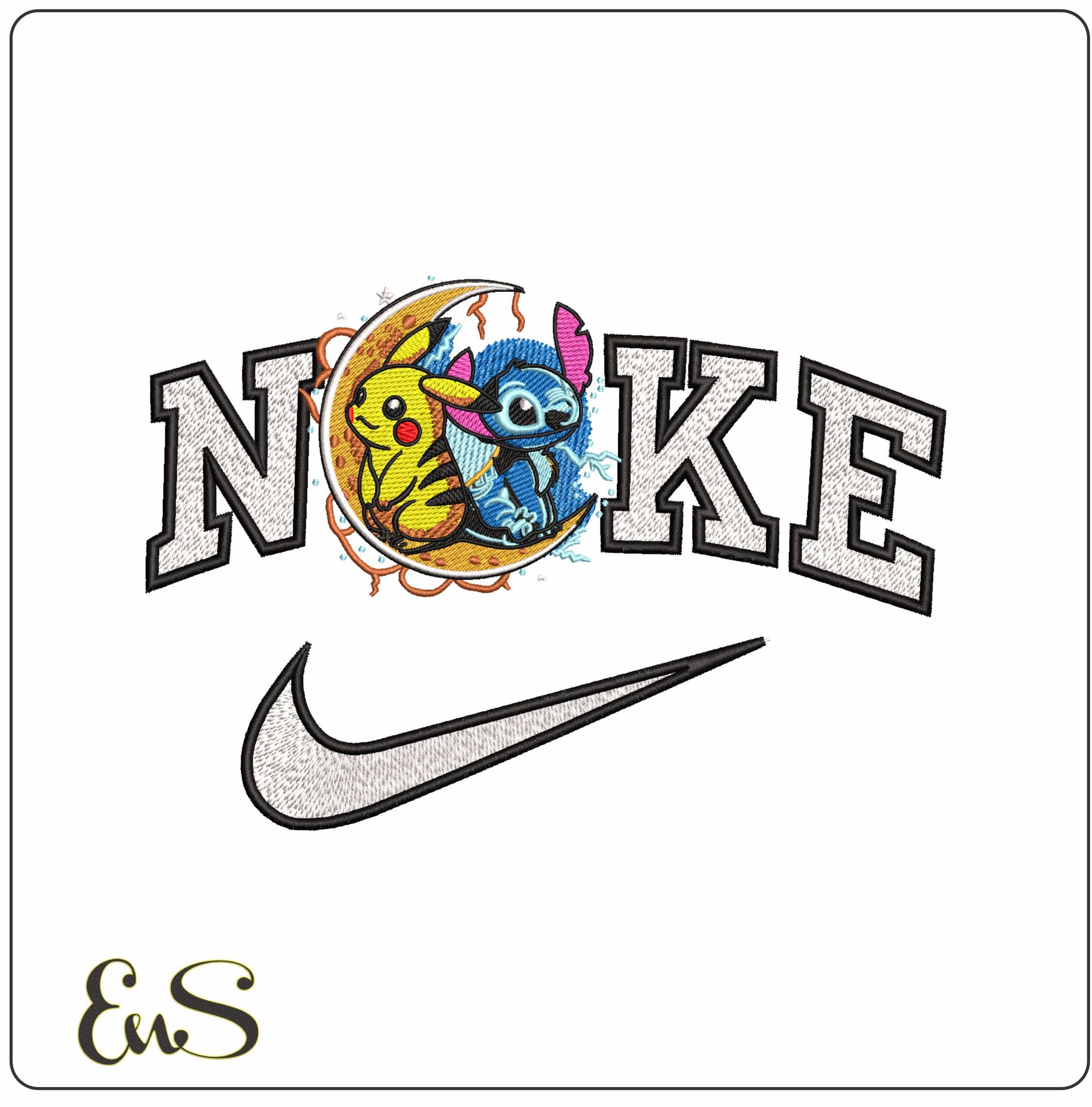 Nike Pikachu and Stitch In Moon - Elegant embroidery design file - instant download