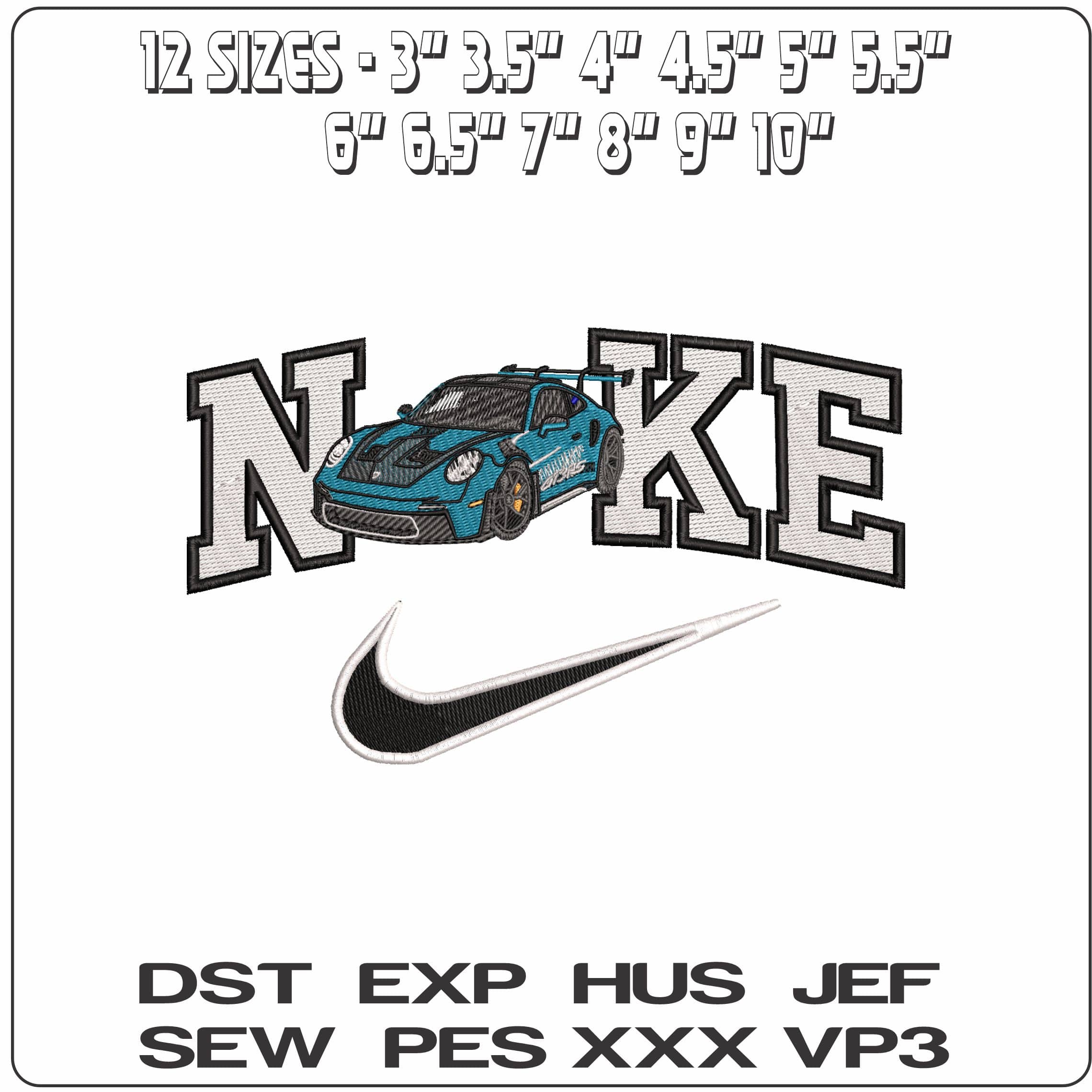 Nike Porsche GT3RS 911 blue - Elegant embroidery design file - instant download — view 2