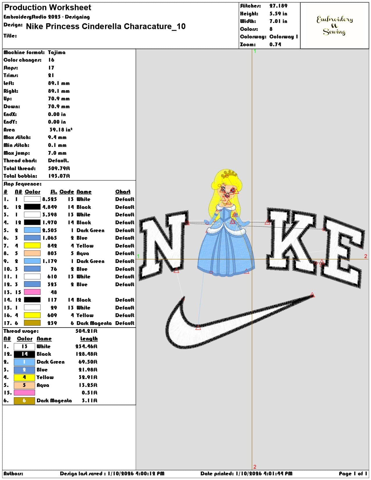 Nike Princess Cinderella Characature - Elegant embroidery design file - instant download — view 3
