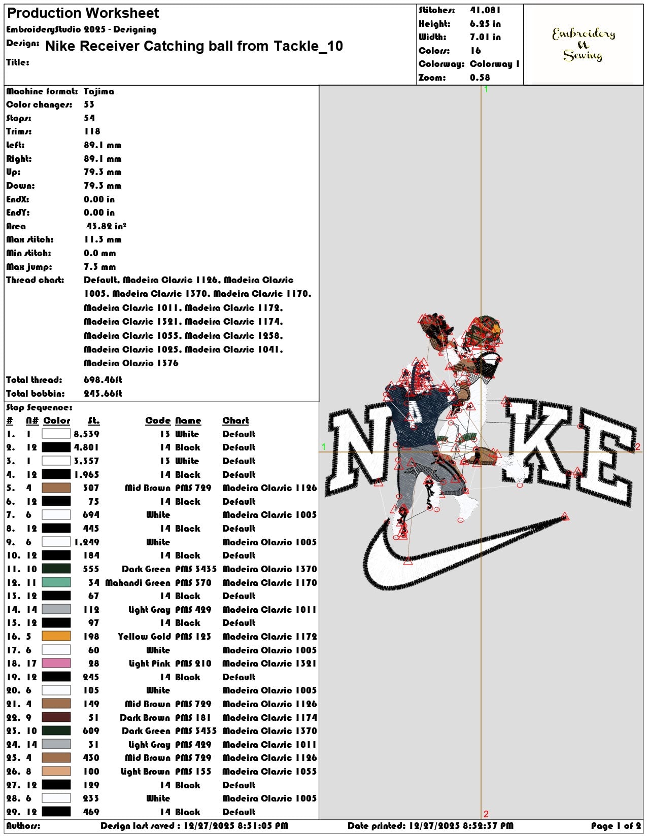 Nike Receiver Catching ball from Tackle - Elegant embroidery design file - instant download — view 3