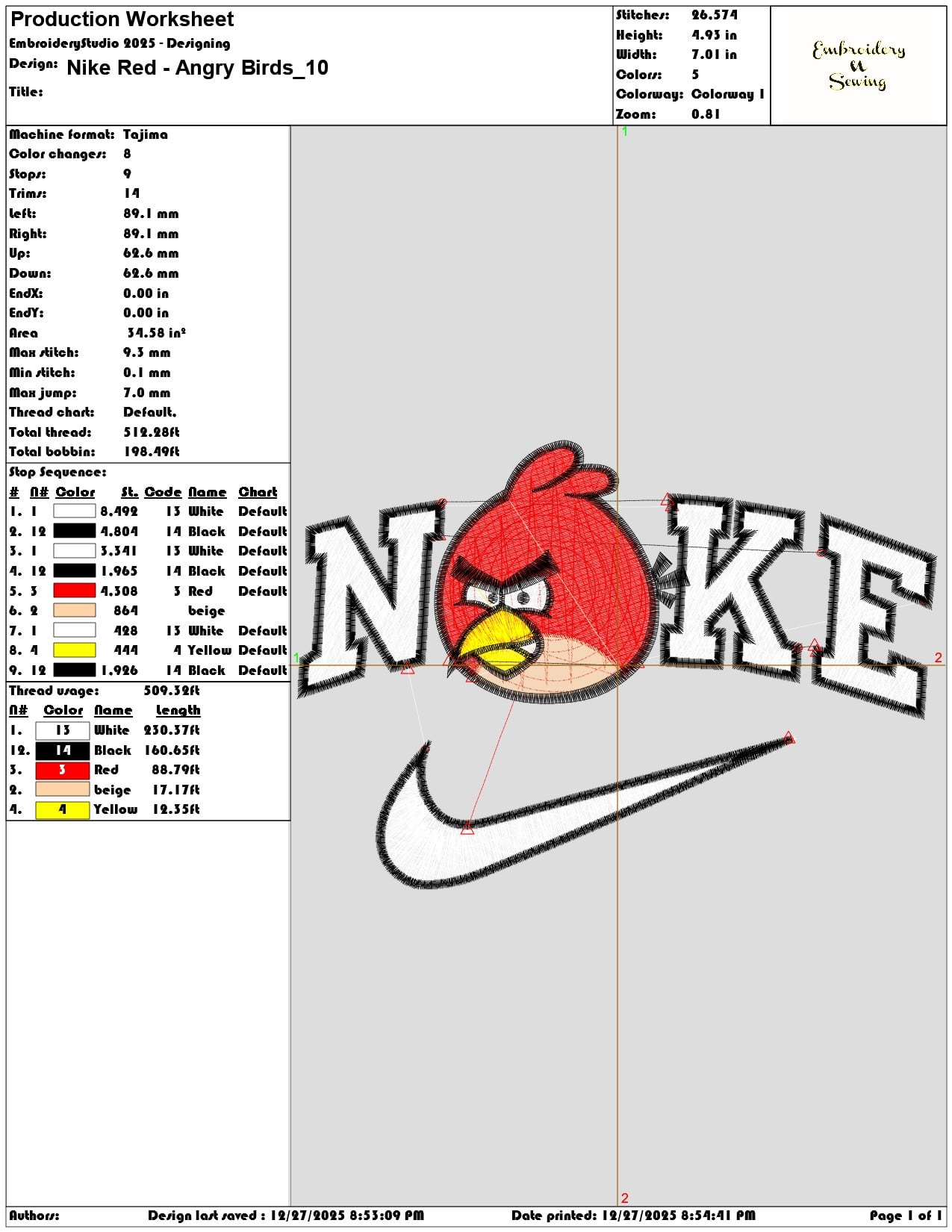 Nike Red Angry Birds - Elegant embroidery design file - instant download — view 3