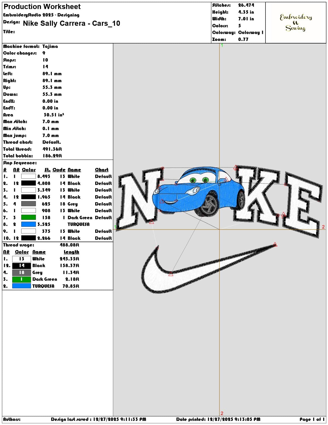 Nike Sally Carrera Cars - Elegant embroidery design file - instant download — view 3