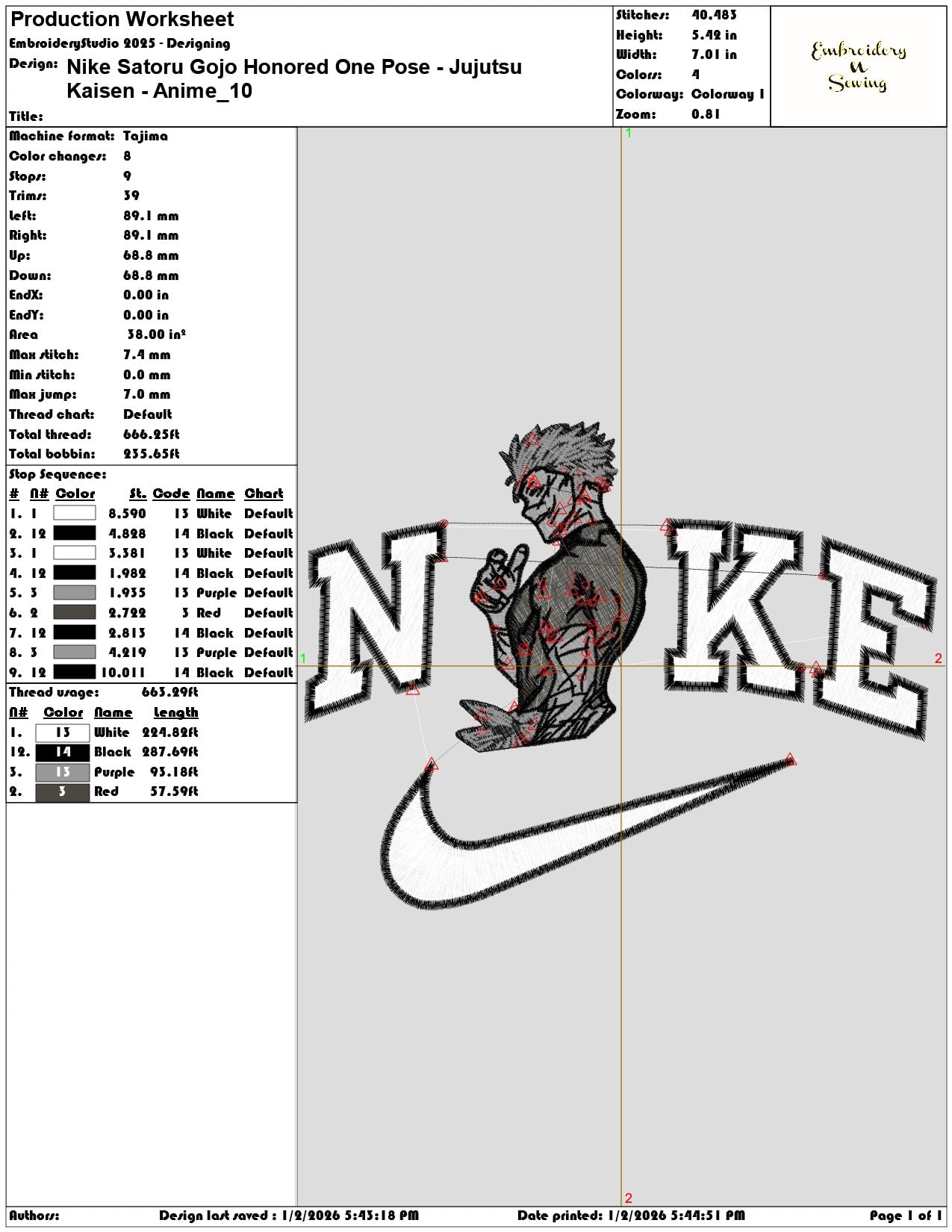 Nike Satoru Gojo Honored One Pose Jujutsu Kaisen Anime - Elegant embroidery design file - instant download — view 3
