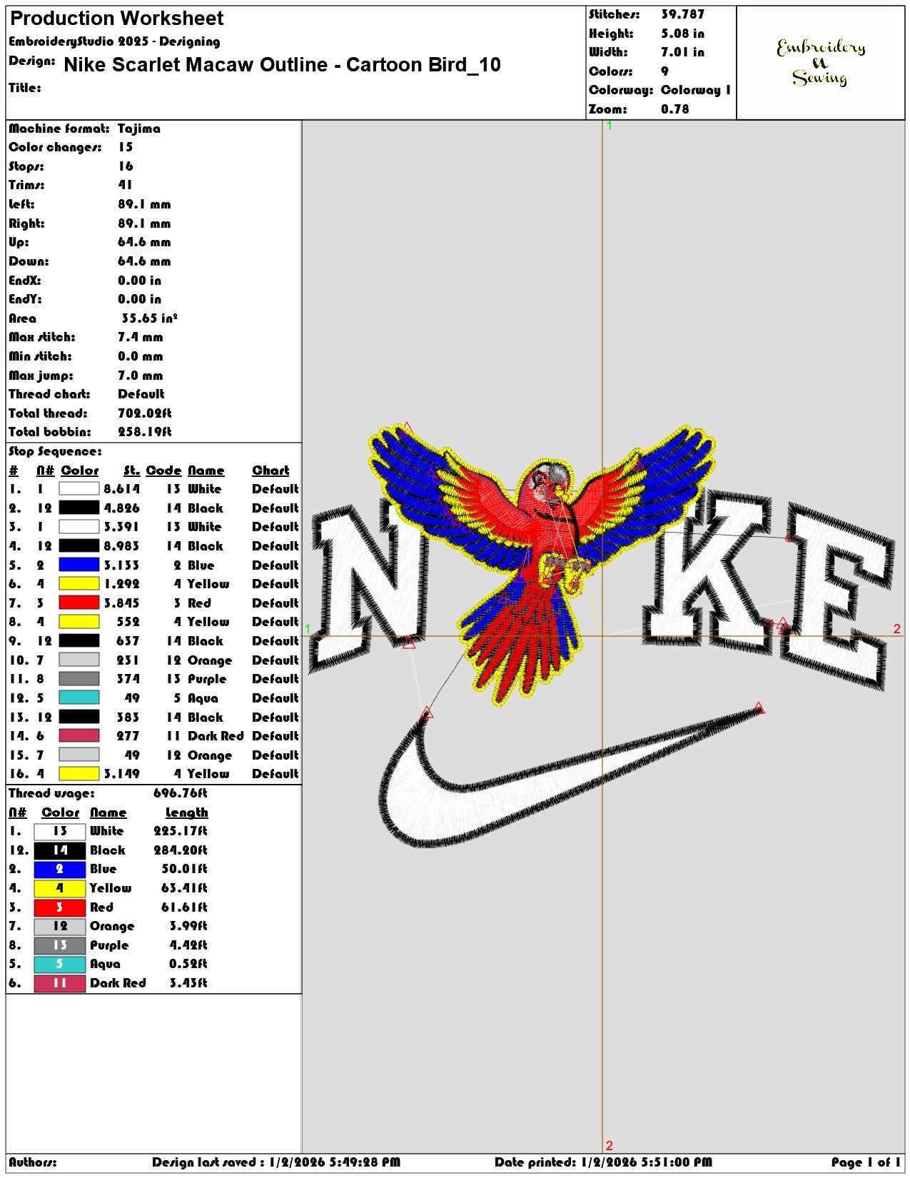 Nike Scarlet Macaw Outline Cartoon Bird  - Elegant embroidery design file - instant download — view 3