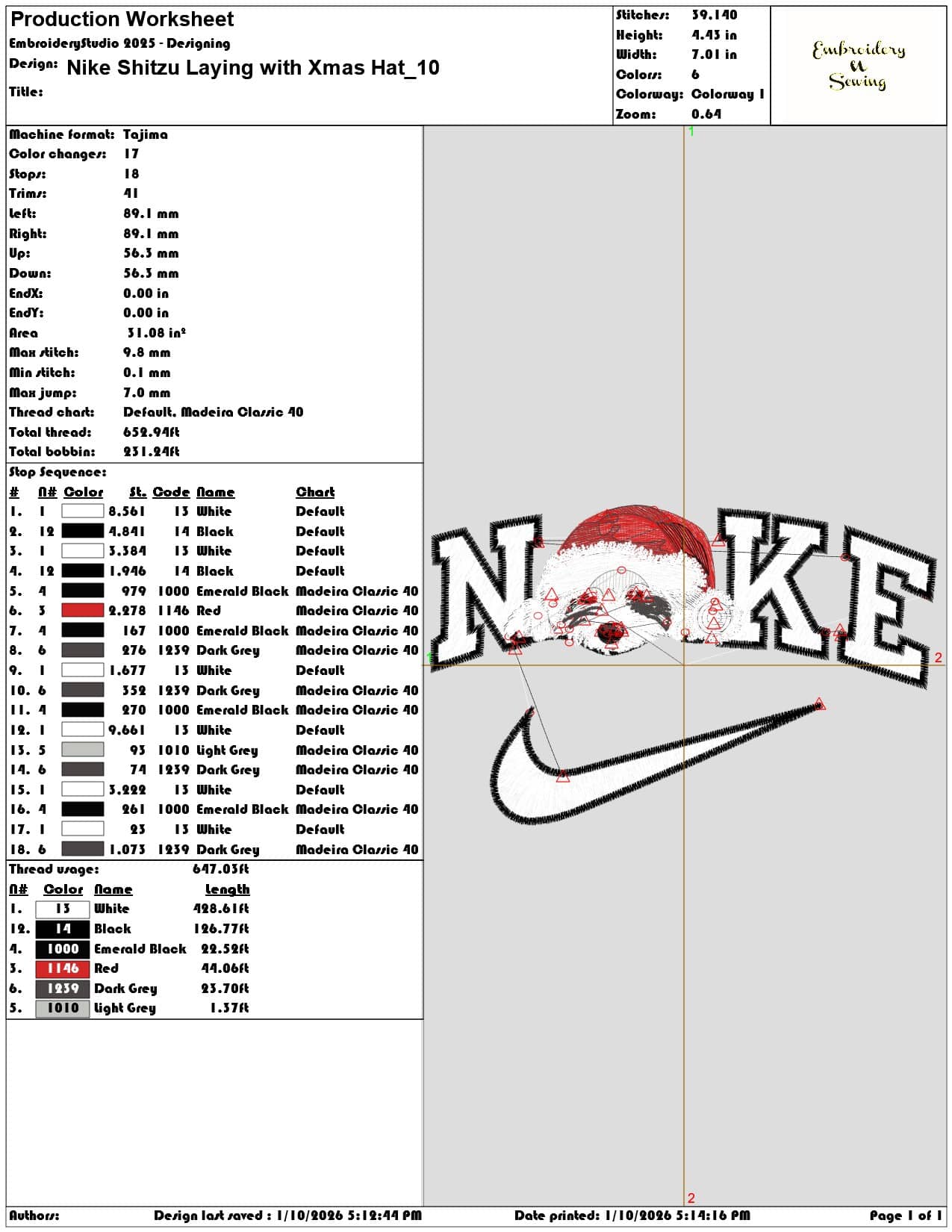 Nike Shitzu Laying with Xmas Hat - Elegant embroidery design file - instant download — view 3