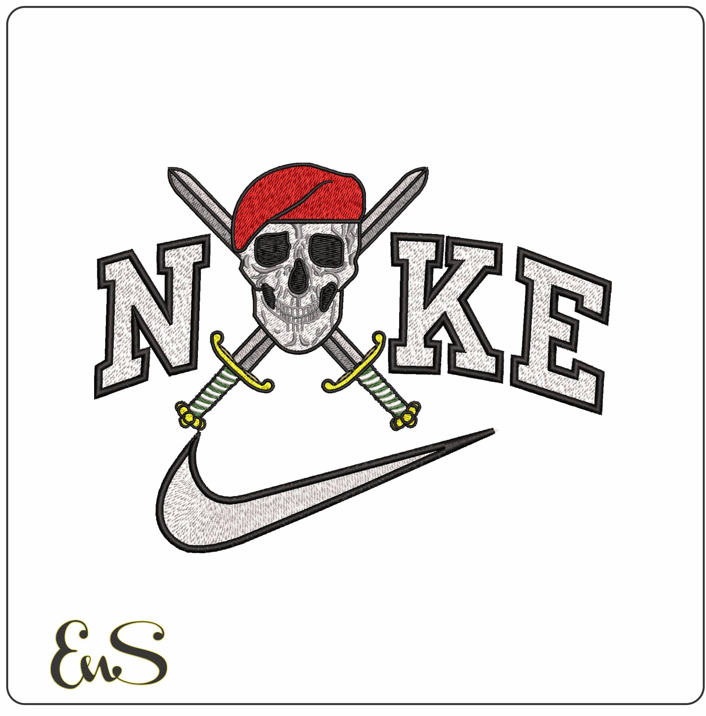 Nike Skull Crossed Swords Red Beret - Elegant embroidery design file - instant download