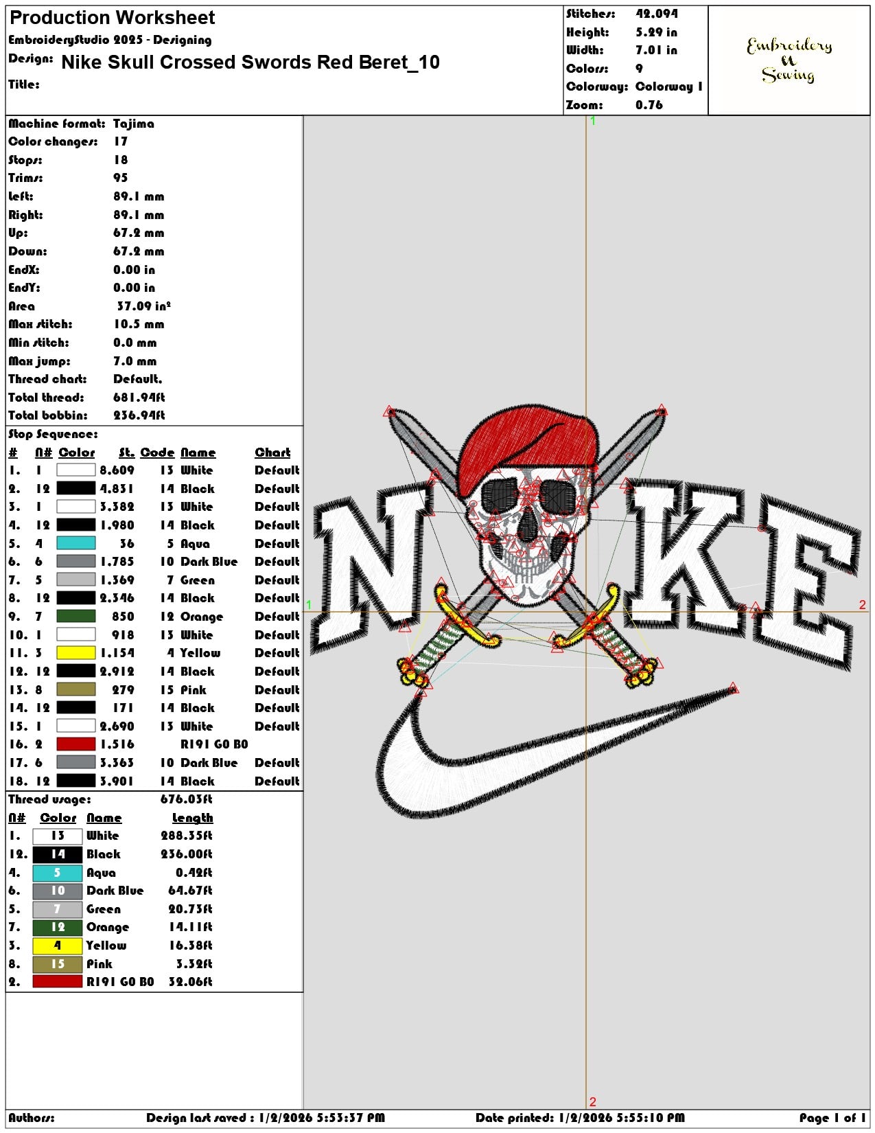 Nike Skull Crossed Swords Red Beret - Elegant embroidery design file - instant download — view 3
