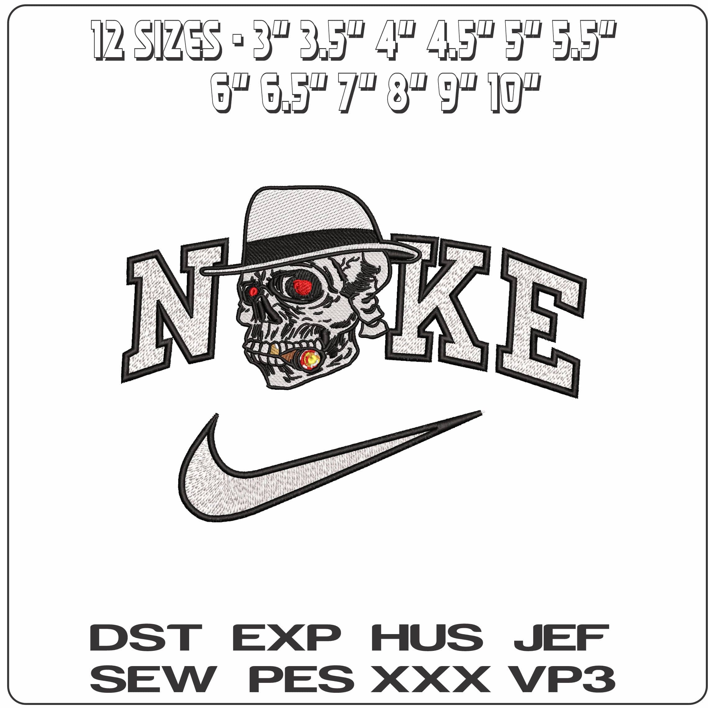 Nike Skull with Trilby and Cigar - Elegant embroidery design file - instant download — view 2