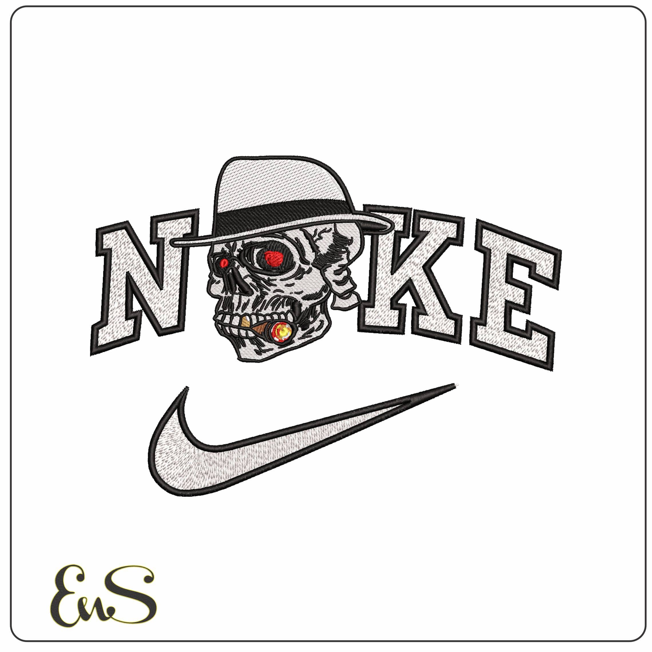 Nike Skull with Trilby and Cigar - Elegant embroidery design file - instant download
