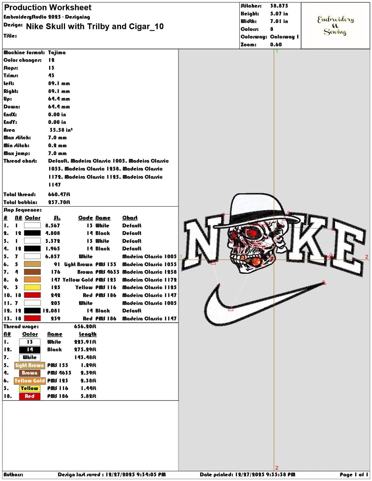 Nike Skull with Trilby and Cigar - Elegant embroidery design file - instant download — view 3