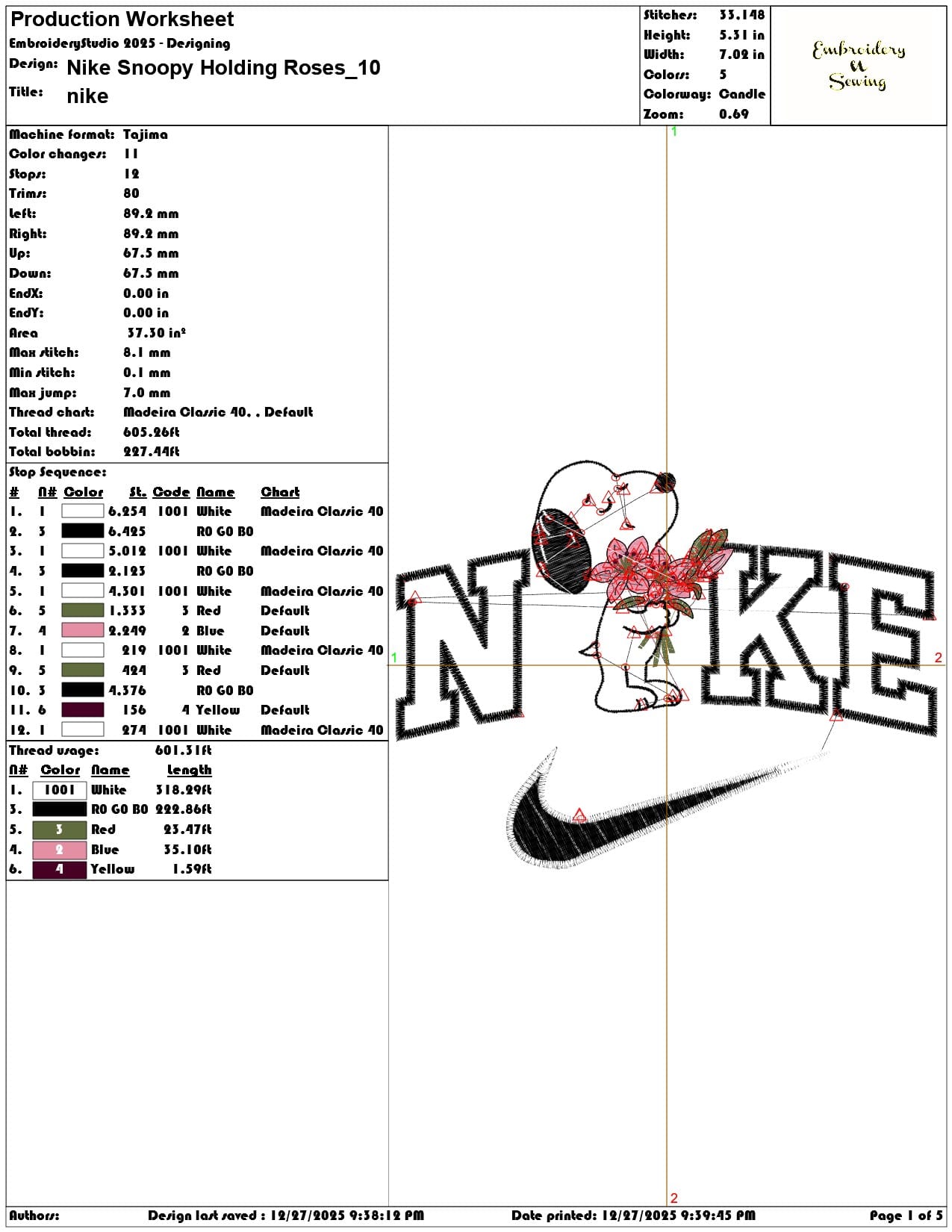 Nike Snoopy Holding Roses - Elegant embroidery design file - instant download — view 3