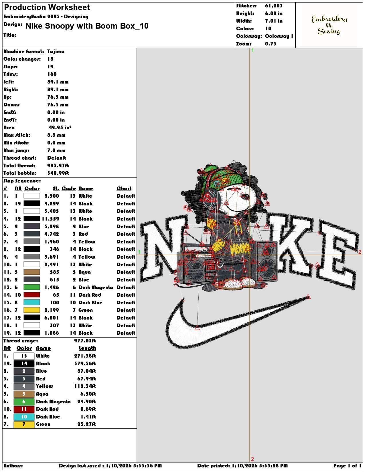 Nike Snoopy with Boom Box - Elegant embroidery design file - instant download — view 3