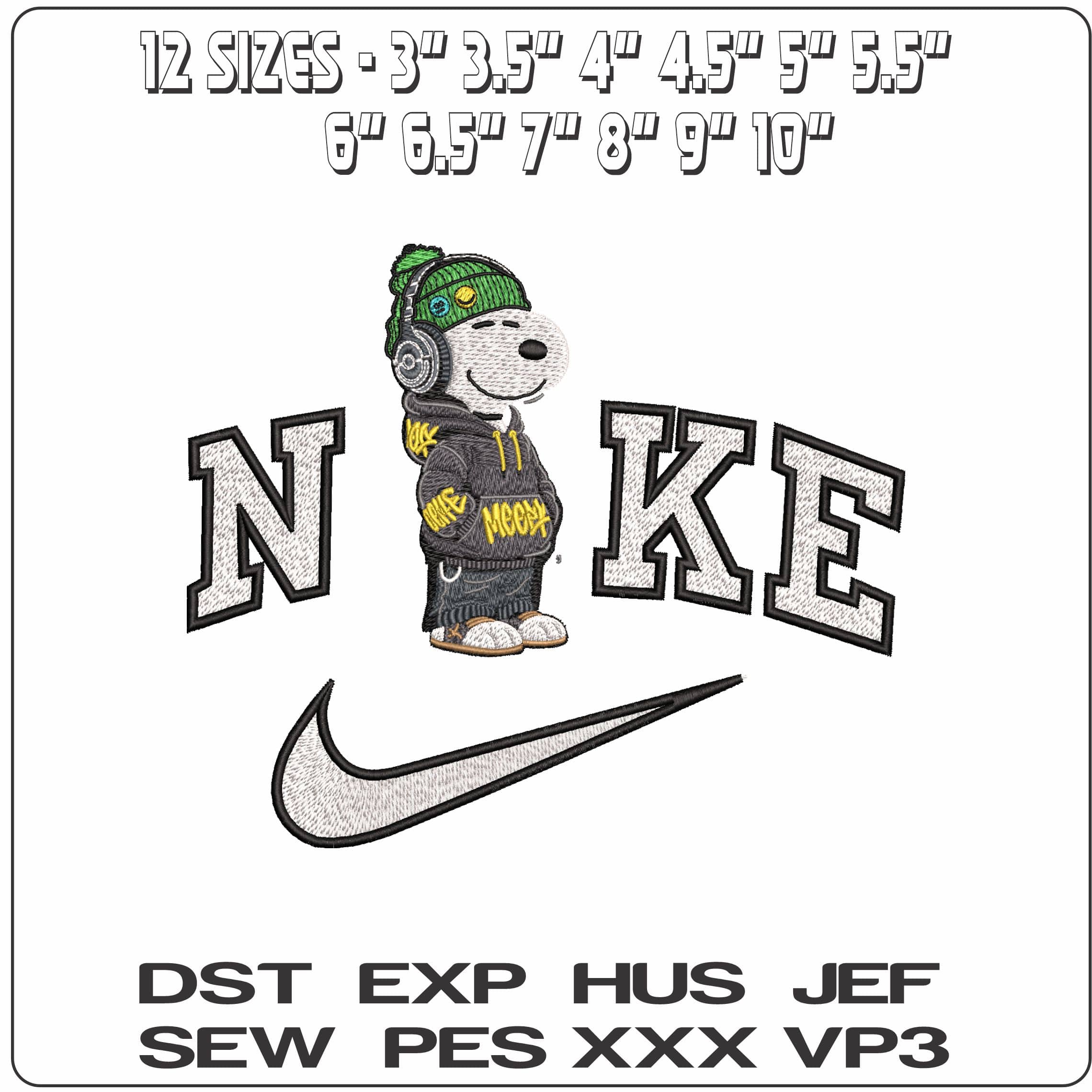 Nike Snoopy with HeadPhones and Beanie - Elegant embroidery design file - instant download — view 2