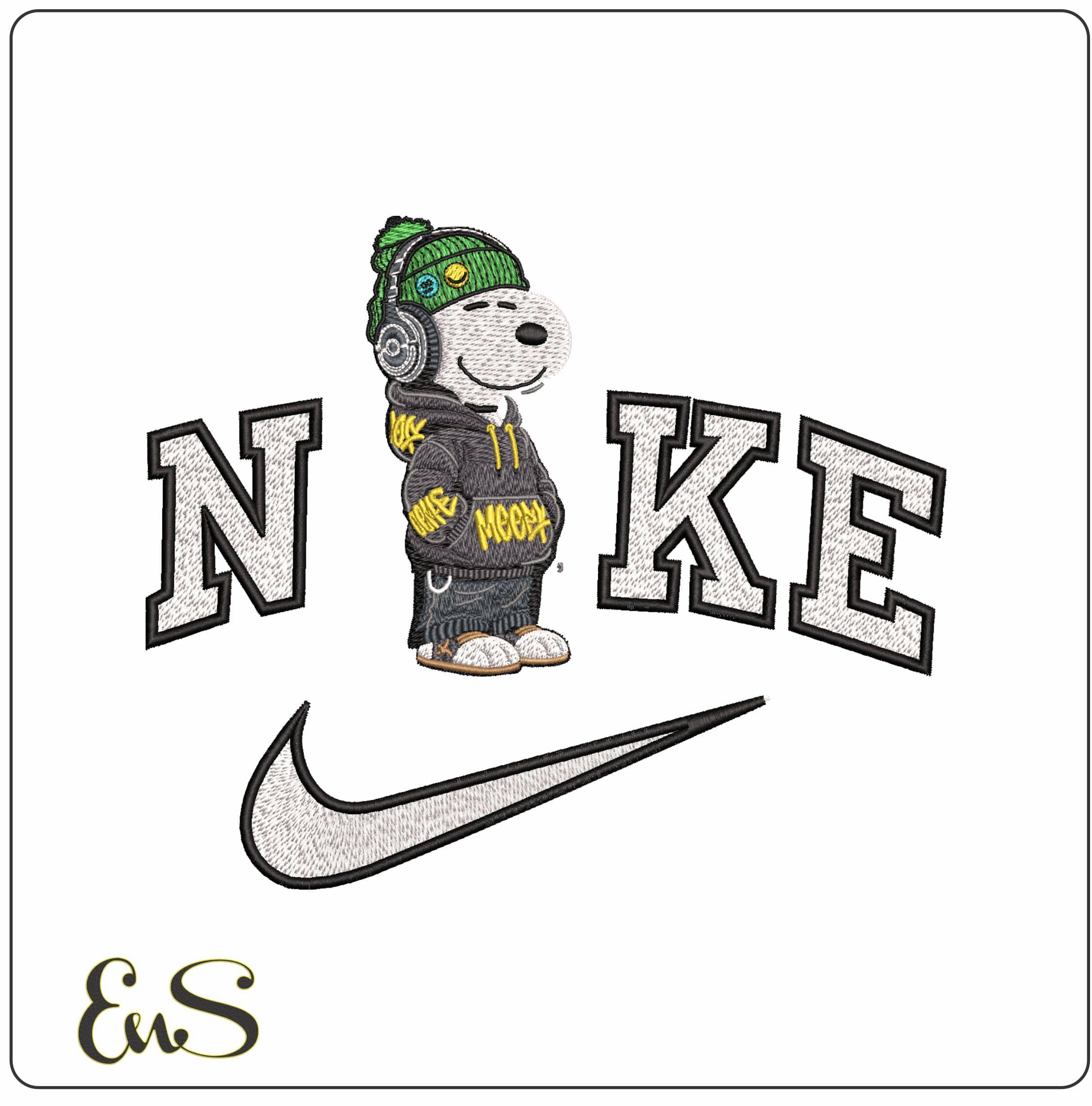Nike Snoopy with HeadPhones and Beanie - Elegant embroidery design file - instant download