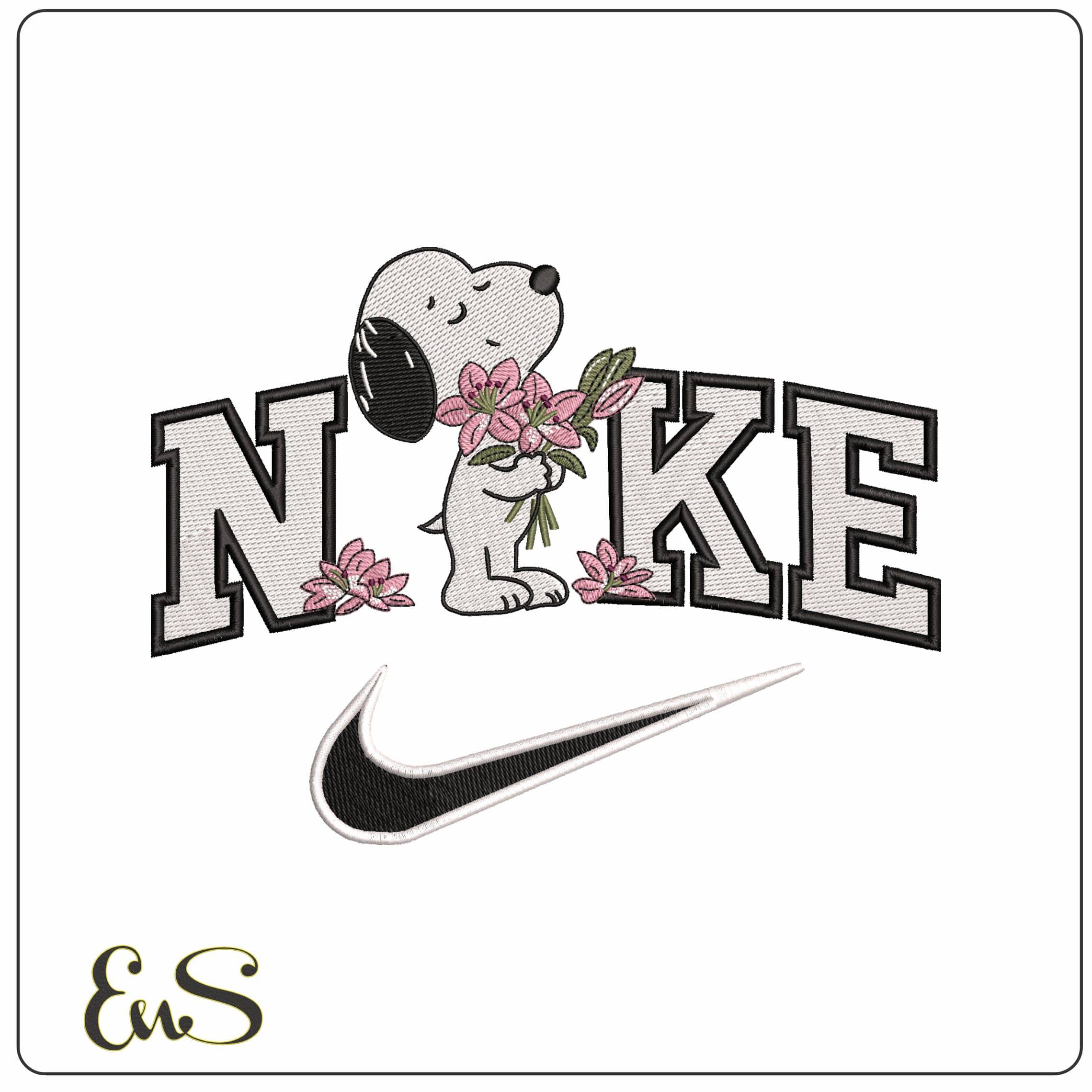 Nike Snoopy with Red Roses - Elegant embroidery design file - instant download