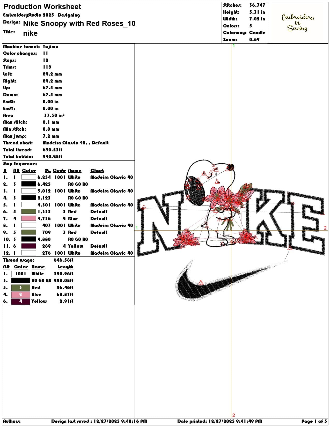 Nike Snoopy with Red Roses - Elegant embroidery design file - instant download — view 3