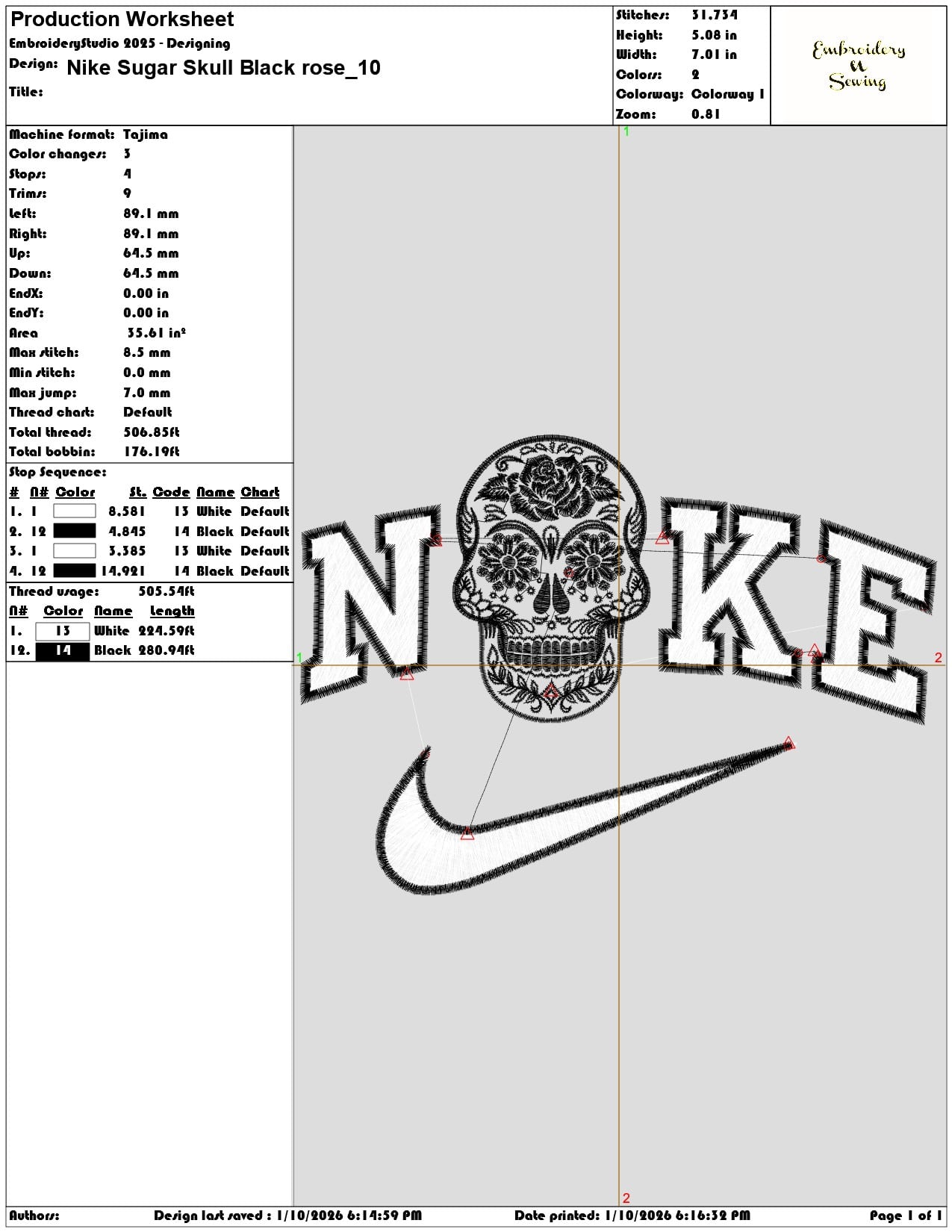 Nike Sugar Skull Black rose - Elegant embroidery design file - instant download — view 3