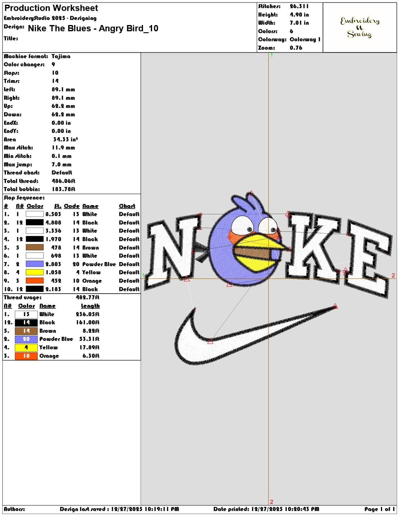 Nike The Blues Angry Bird - Elegant embroidery design file - instant download — view 3
