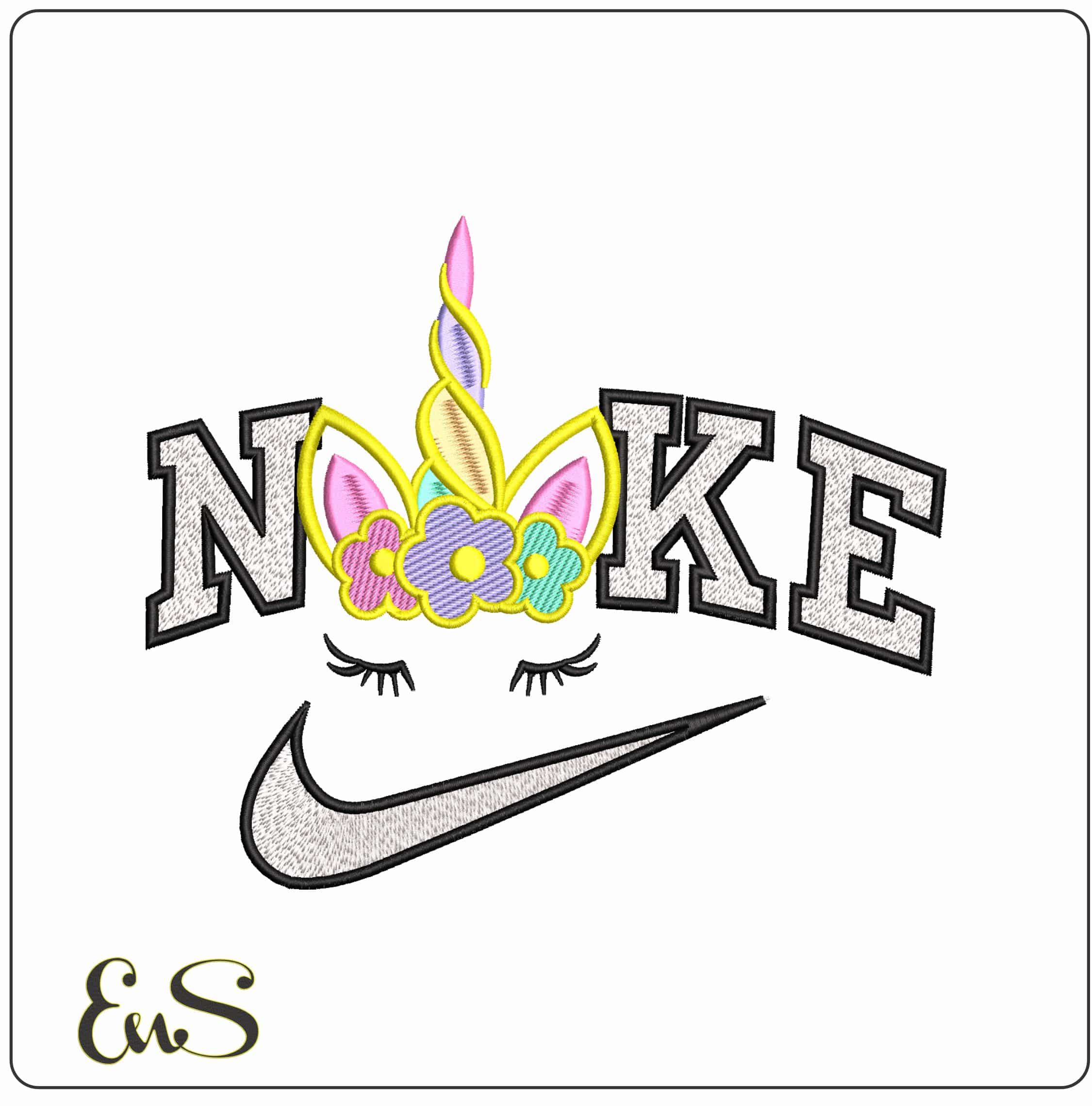 Nike Unicorn Face Colored Horn and Flowers - Elegant embroidery design file - instant download
