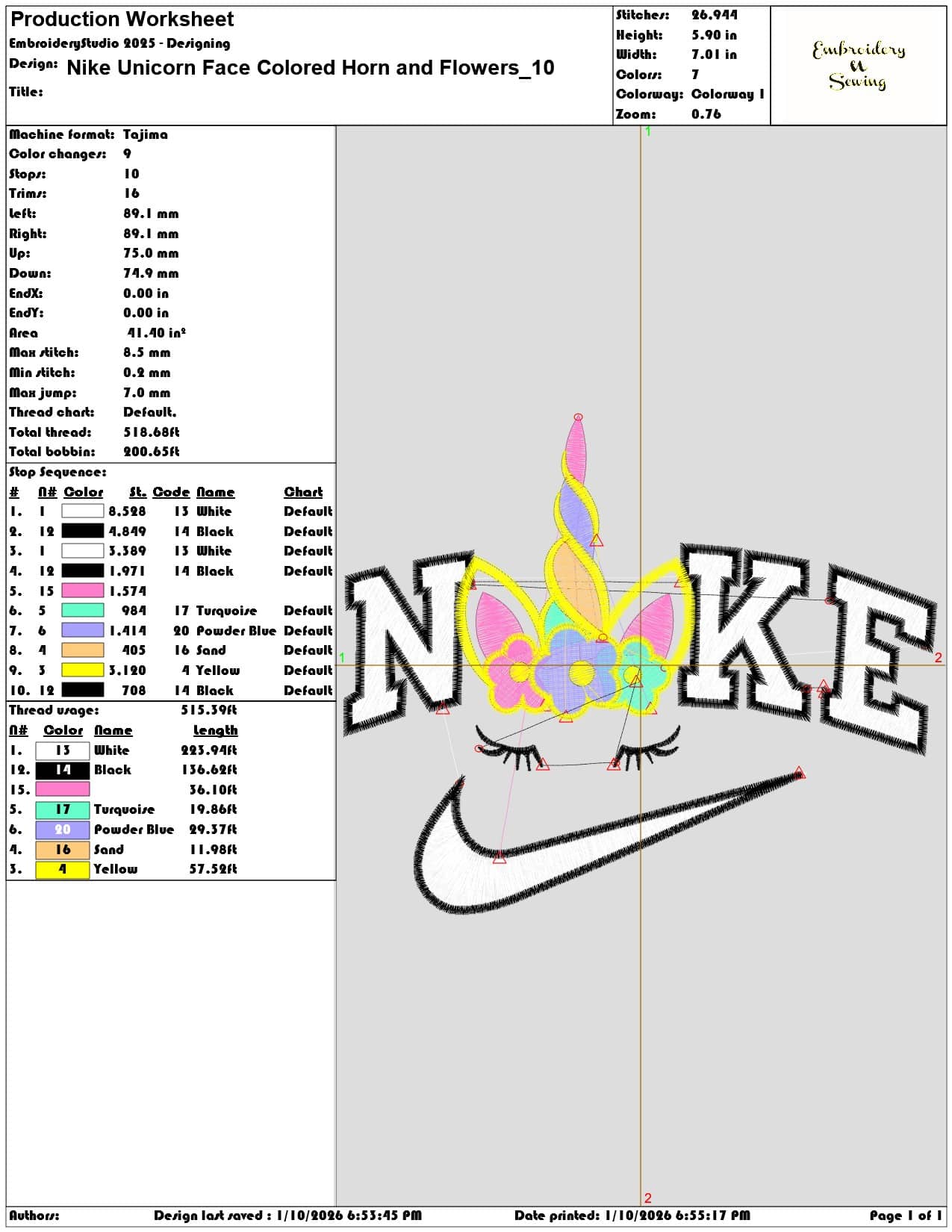 Nike Unicorn Face Colored Horn and Flowers - Elegant embroidery design file - instant download — view 3