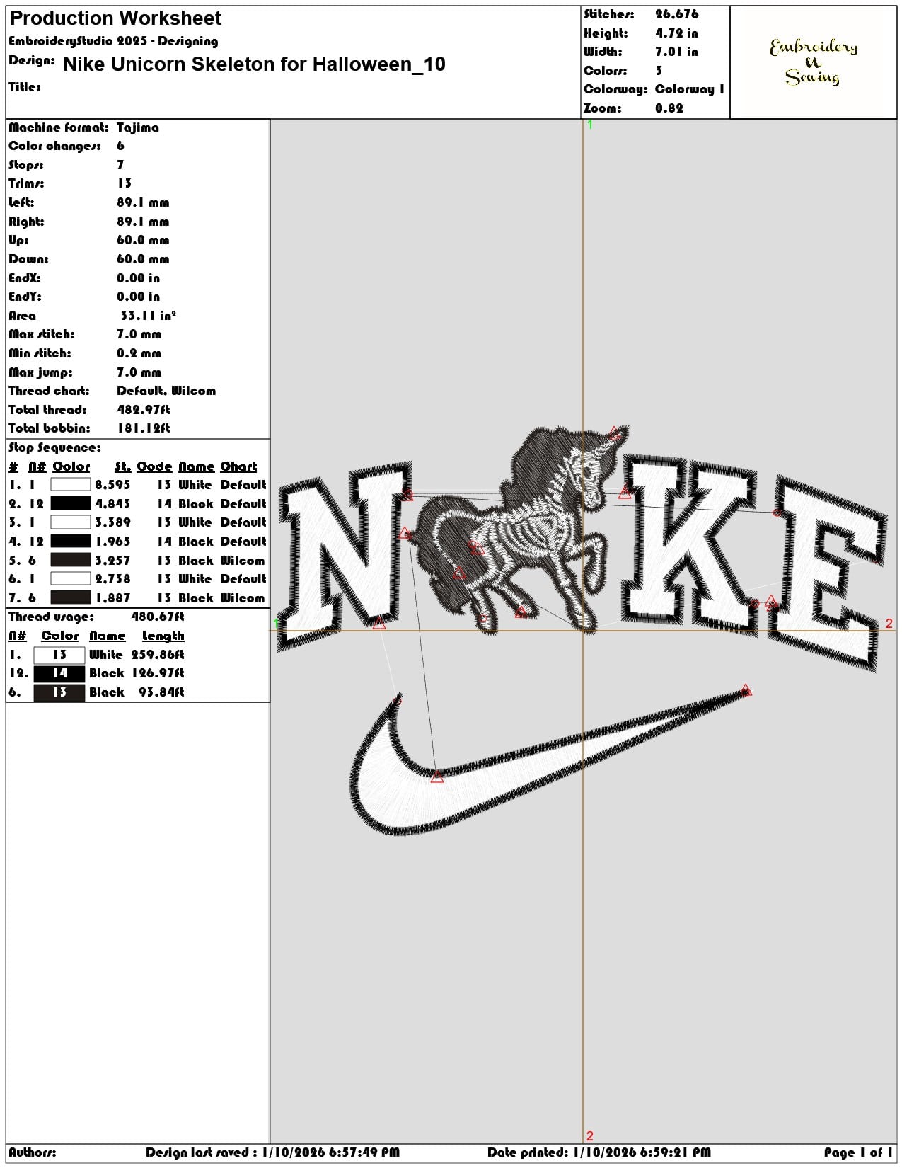Nike Unicorn Skeleton for Halloween - Elegant embroidery design file - instant download — view 3