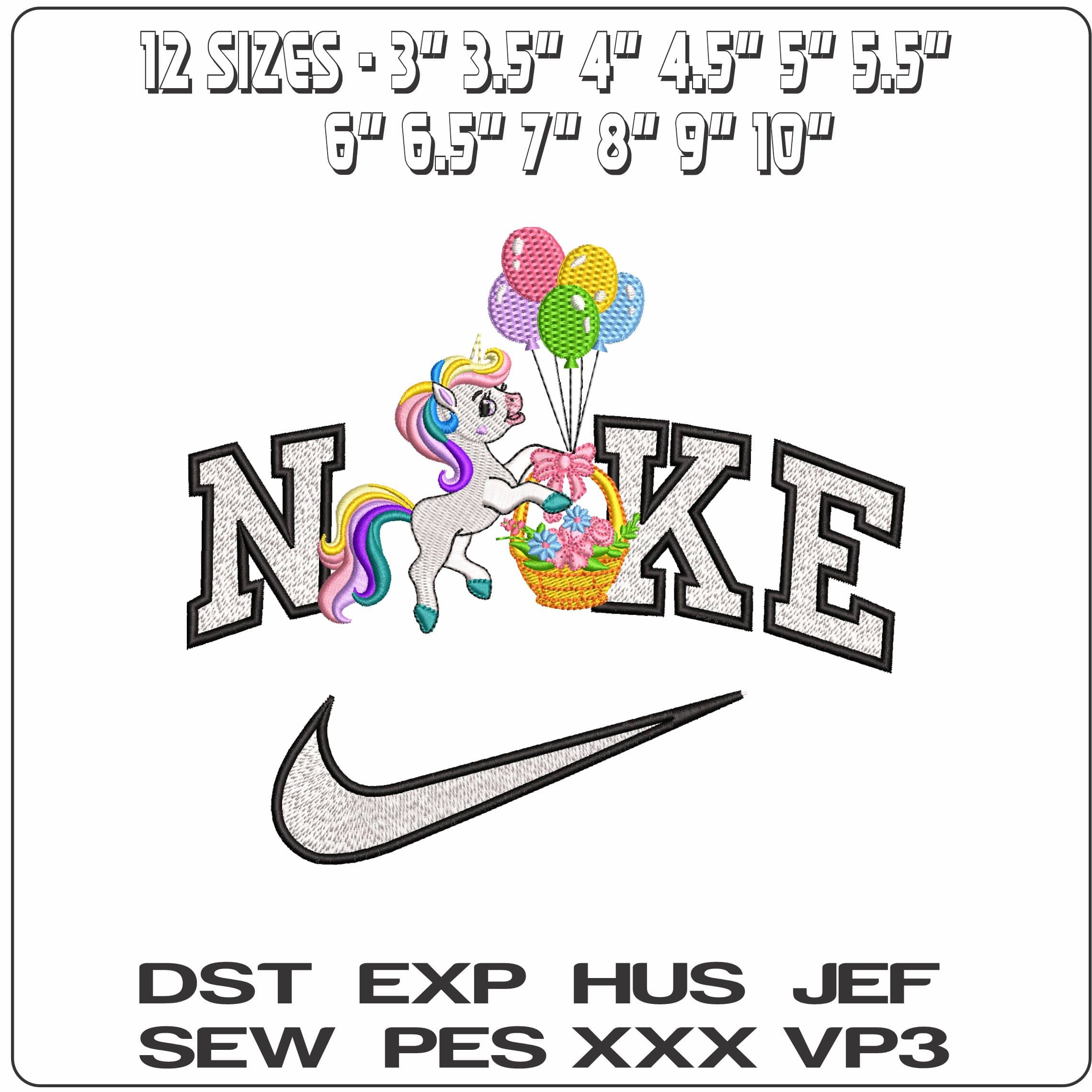 Nike Unicorn with Balloons and Basket - Elegant embroidery design file - instant download — view 2