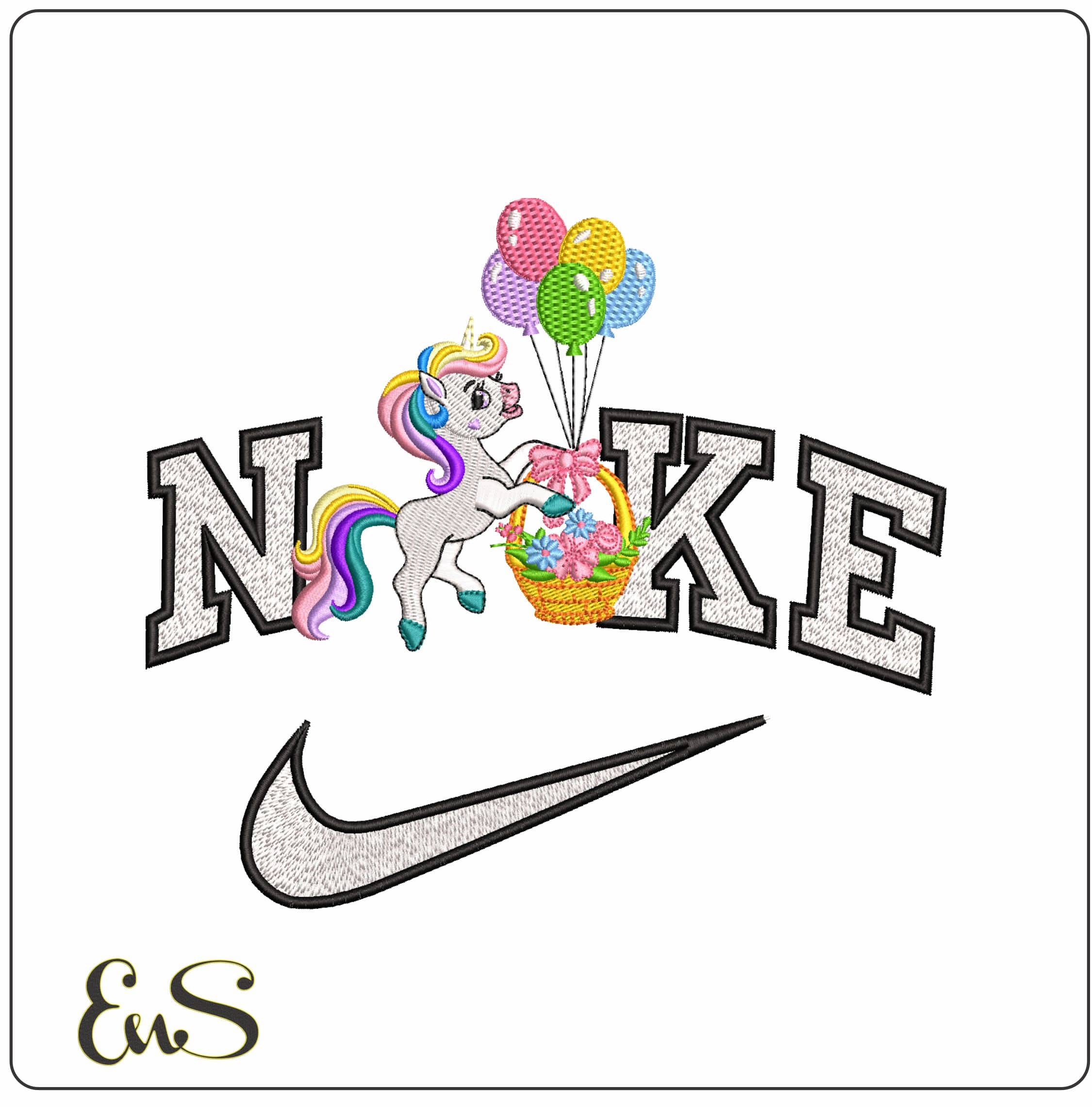 Nike Unicorn with Balloons and Basket - Elegant embroidery design file - instant download