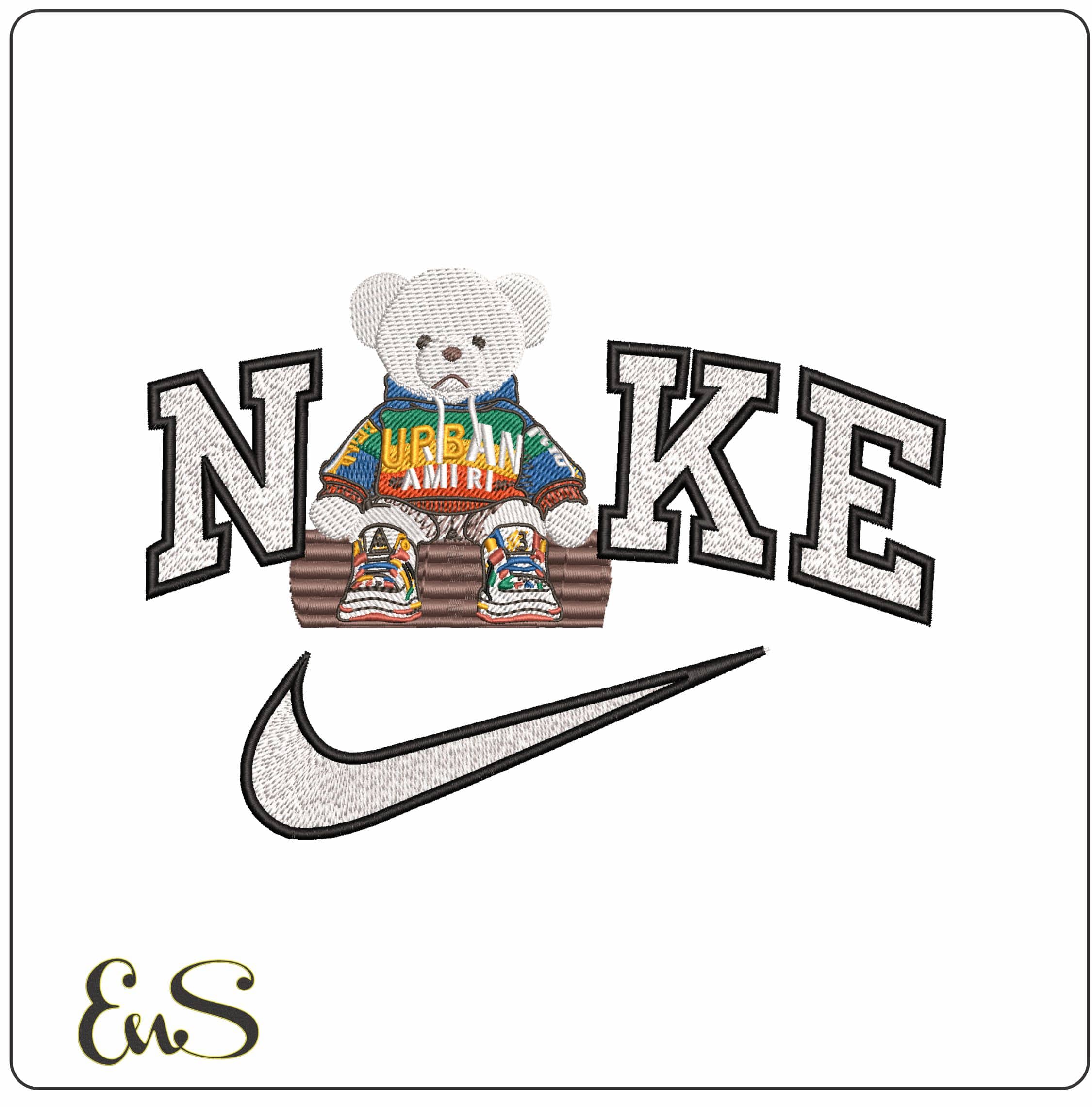 Nike Urban Amiri Bear Sitting on Log - Elegant embroidery design file - instant download